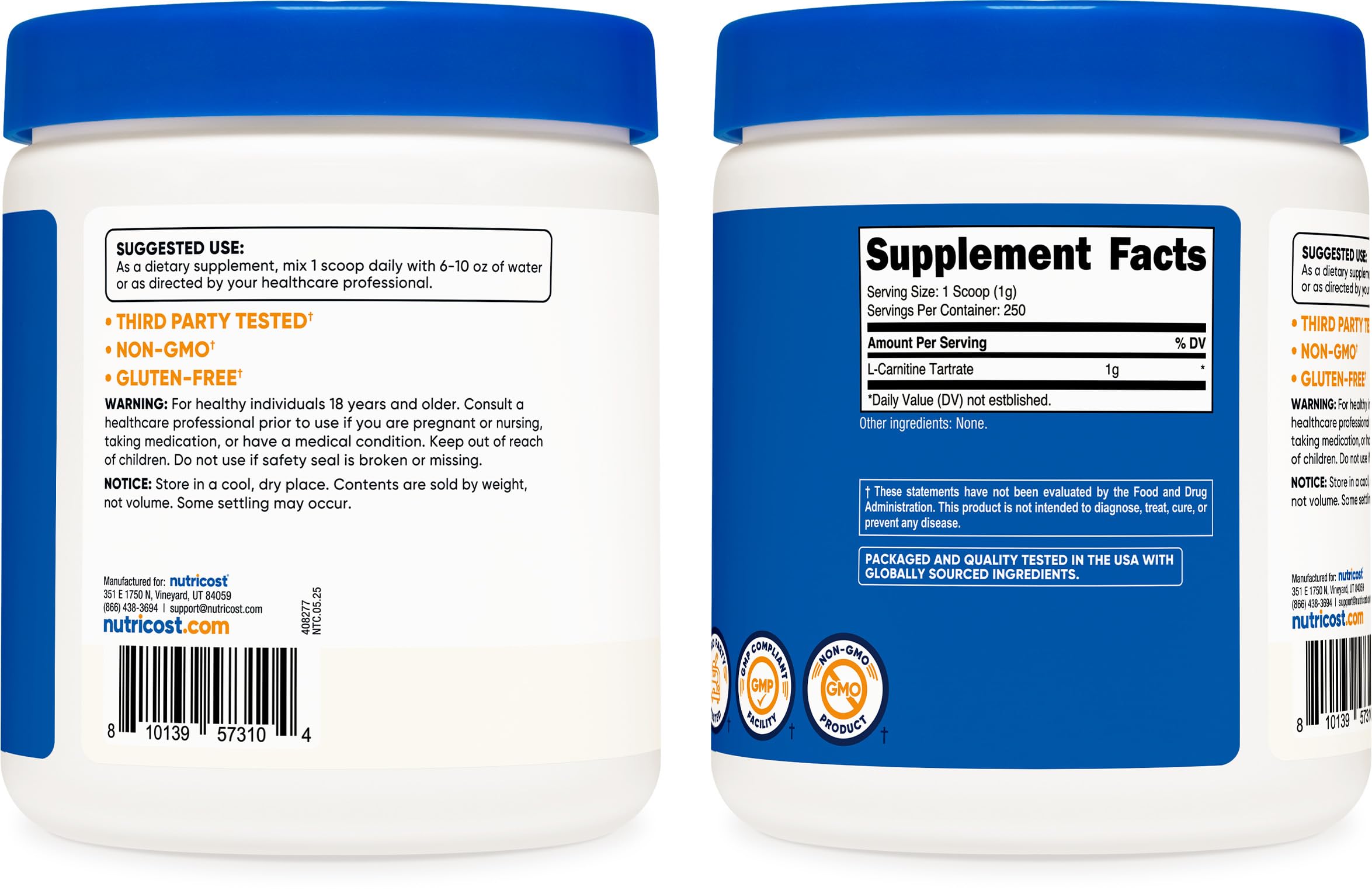 Nutricost L-Carnitine Tartrate Powder (250 Grams) - 1 Gram per Serving, 250 Servings