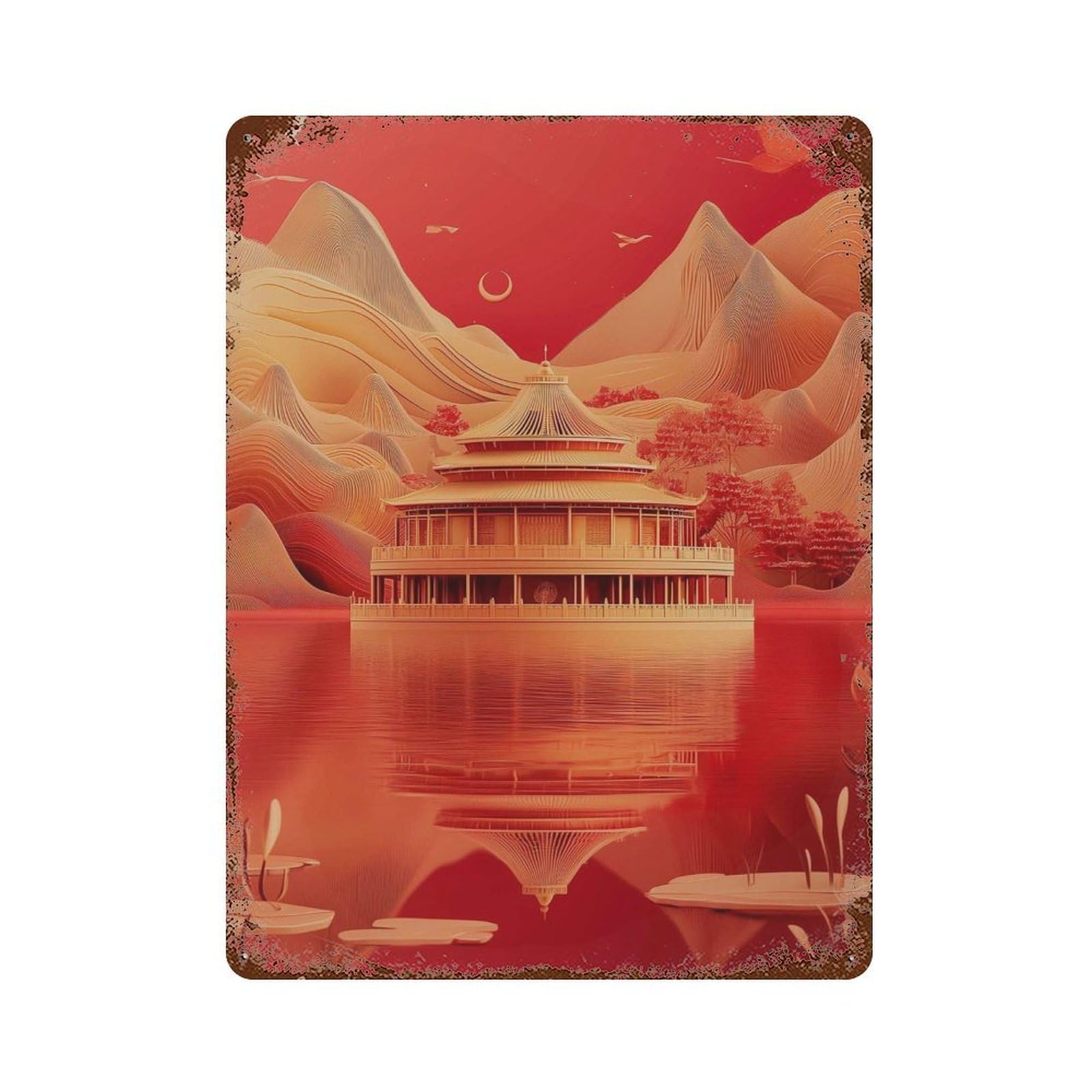 xiaoxiaoshen Red Temple Lake Landscape Asian Pagoda Minimal Mountain Water Reflection Wall Decor Art Metal Tin Poster Modern Home Decor Art Home Bar Shop Decorations Vintage Sign 40x30cm