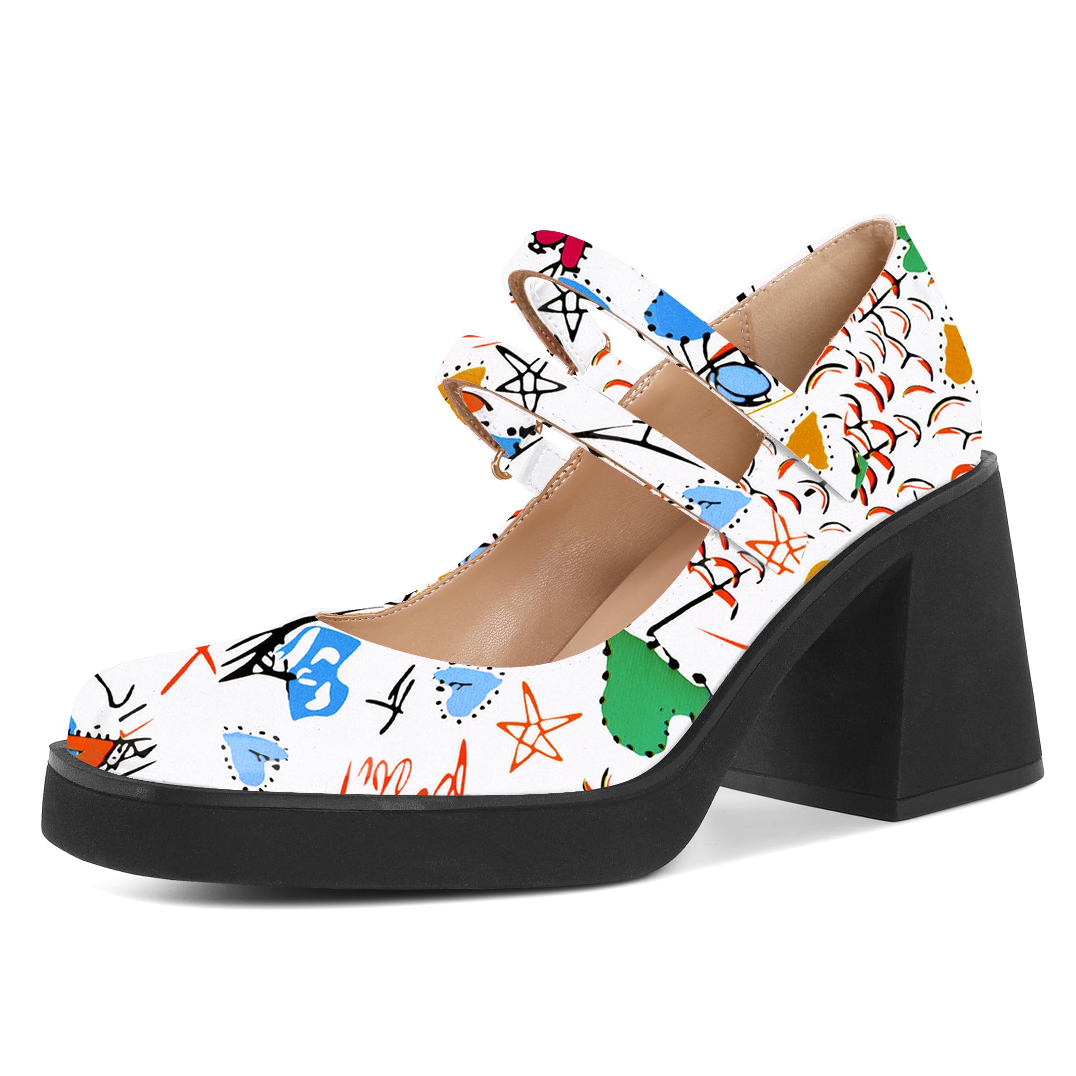 SAMMITOP Women's Platform Mary Jane Pumps Strap Square Toe Chunky Block High Heels Fashion Wedding Party Shoes 3.5 Inch