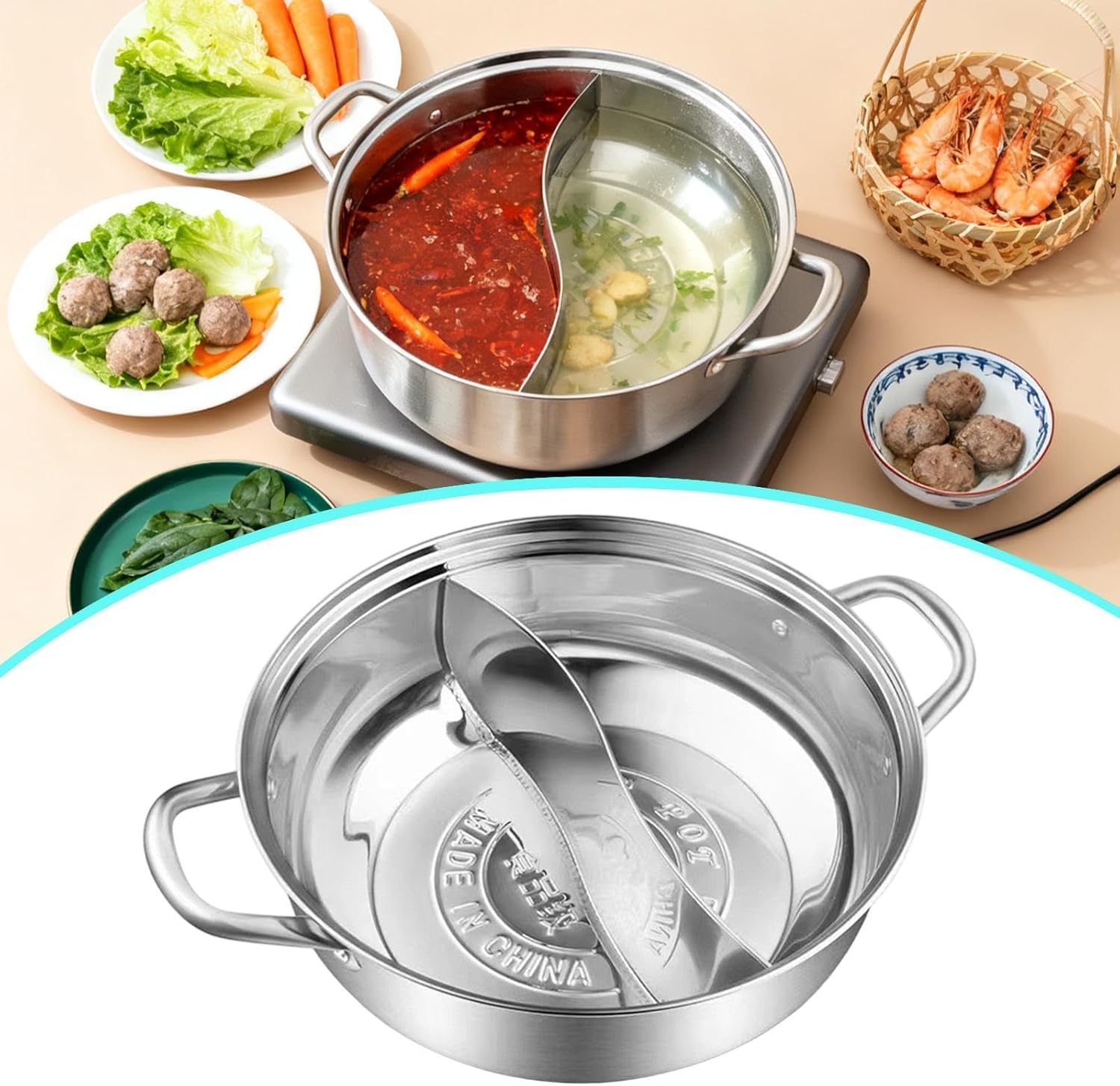 Divided Pot Separate Double Compartment Pot Chinese Cooking Pot 304 Stainless Steel Pot Two Broth Function Suitable for Family Friends Rest, 36 cm