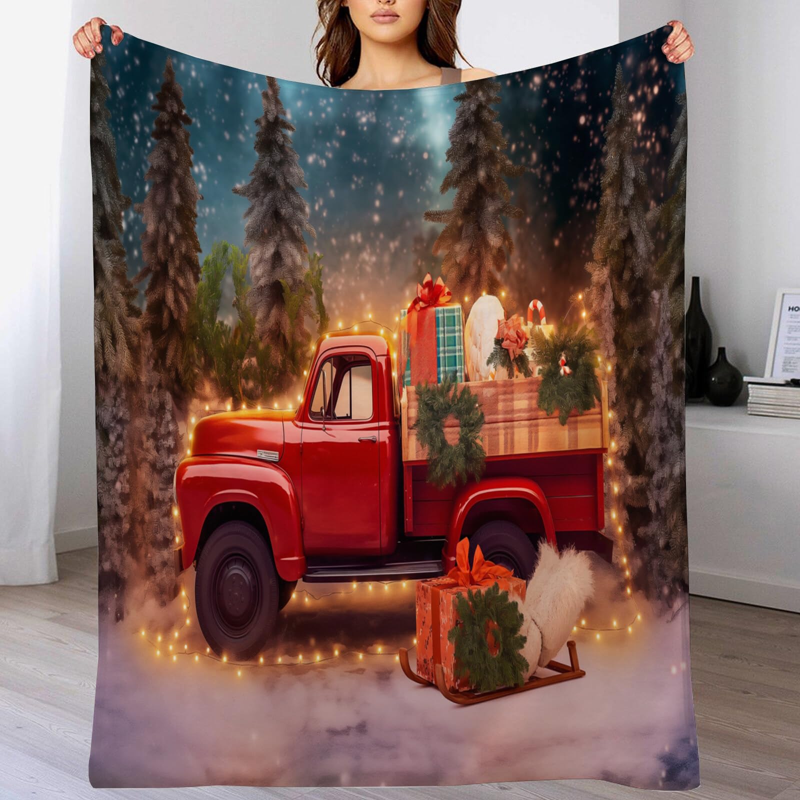 Manta De Navidad Rojo Verde Camión Pino 220X240Cm Suave Cálida Y Peluda Decoración Navideña,Acogedora Paisaje del Festival Adolescentes De Adultos para TV Sofá En Vacaciones