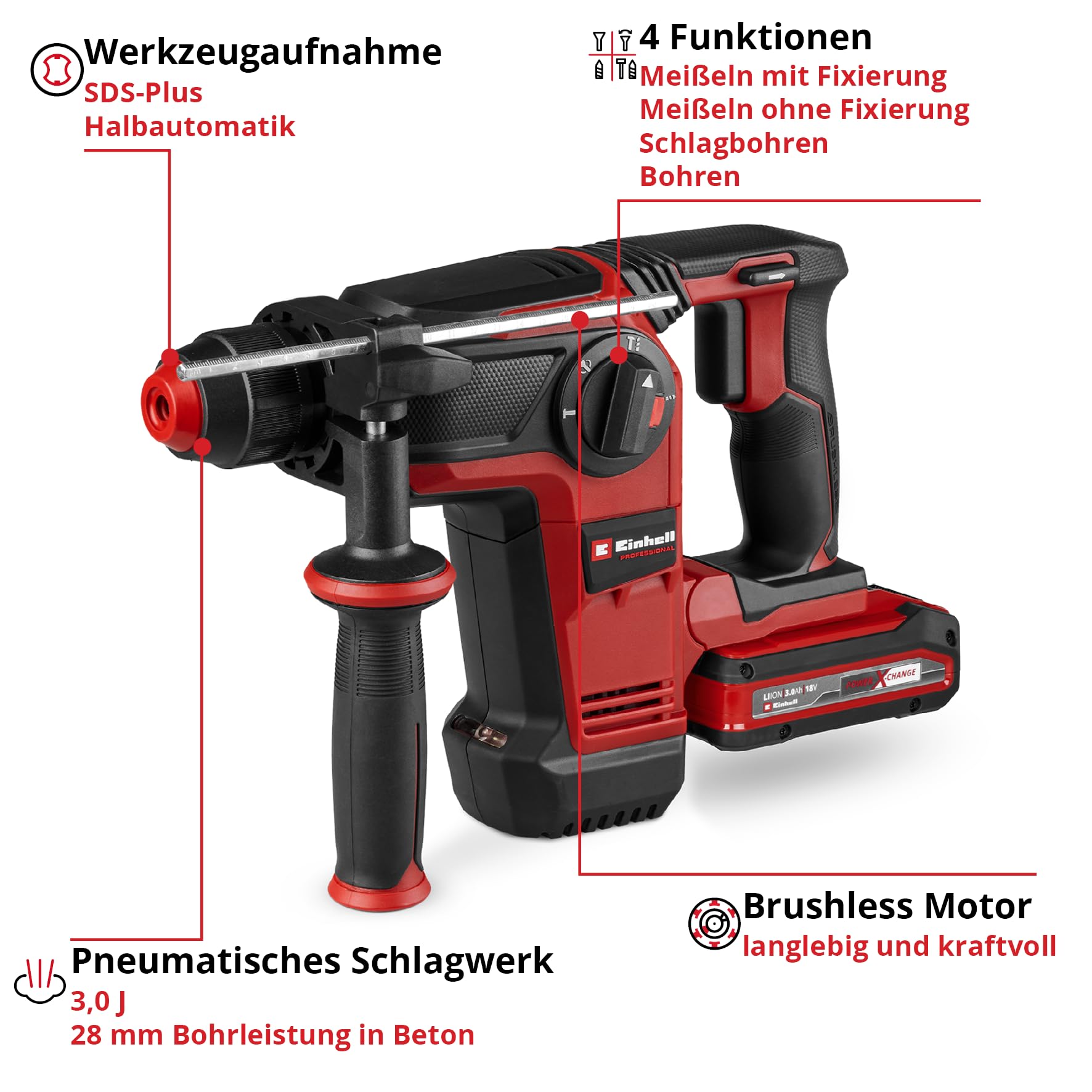 Einhell Professional Akku-Bohrhammer TP-HD 18/28 Li BL +4 (1x 3,0Ah+) Power X-Change (18 V, Brushless, 3 J, SDS-plus, 4 Funktionen, Zubehör, inkl. 3,0 Ah Plus Akku + Ladegerät) Battery Powered, red