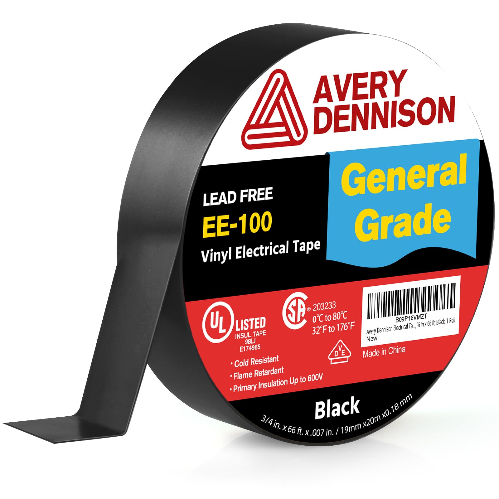 Avery Dennison Electrical Tape, General Use PVC Electric Tape, UL/CSA Listed Insulating Vinyl Tape for Electrical, Repairs, Automotive and Equipment, EE-100, ¾ in x 66 ft, Black, 1 Roll