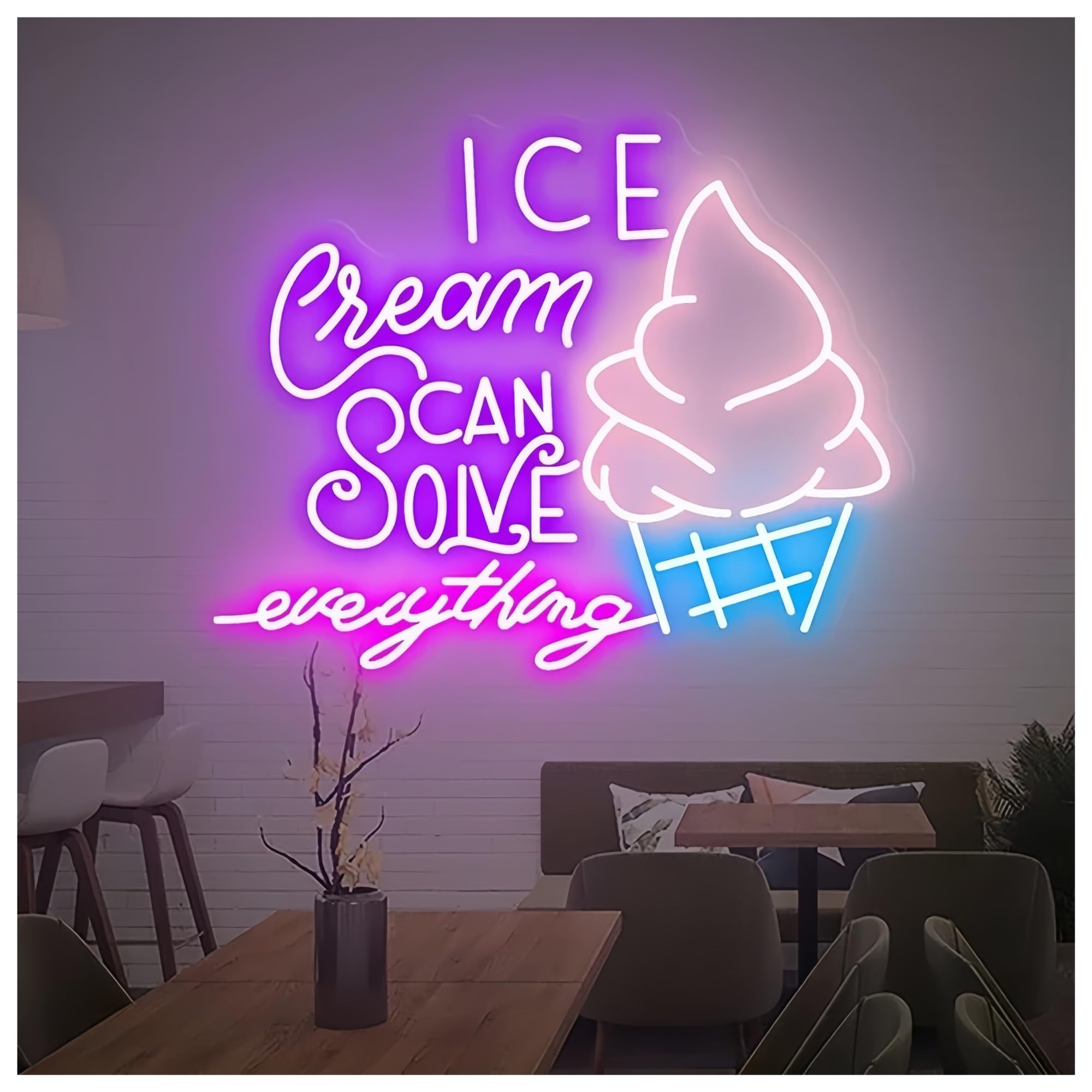 SHOUXI Sign Lamp Ice Cream Solves Everything Neon Sign Ice Cream Store Wall Decor Neon Sign Cafe Bar Decoration Neon Light(G,55CM)