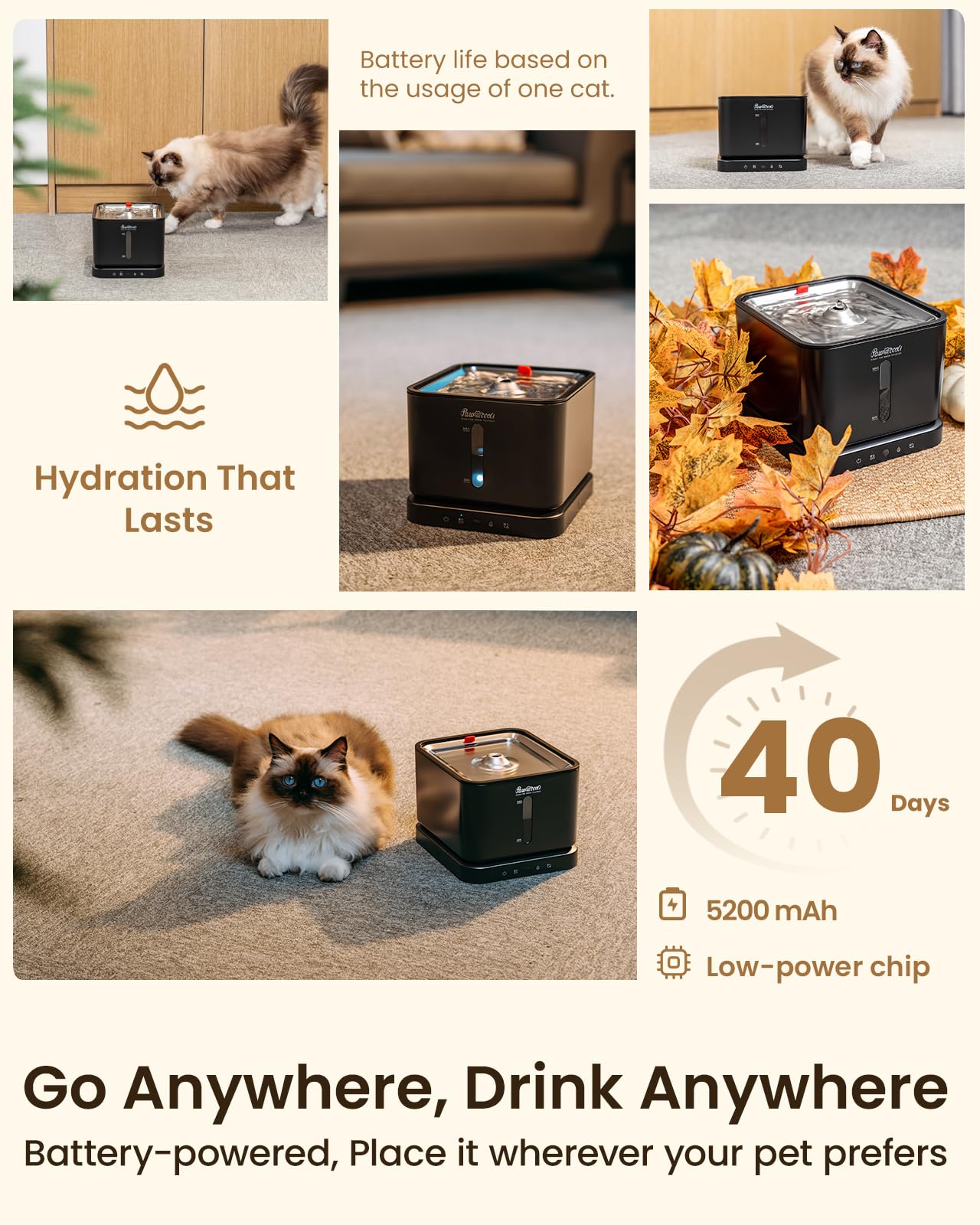 Cordless Cat Water Fountain, 3L/100oz Stainless Steel Tray, Cat Fountains for Drinking, Pet Water Fountains Indoor, Automatic Dog Water Bowl Dispenser, Rechargeable Battery Operated Black - image 3