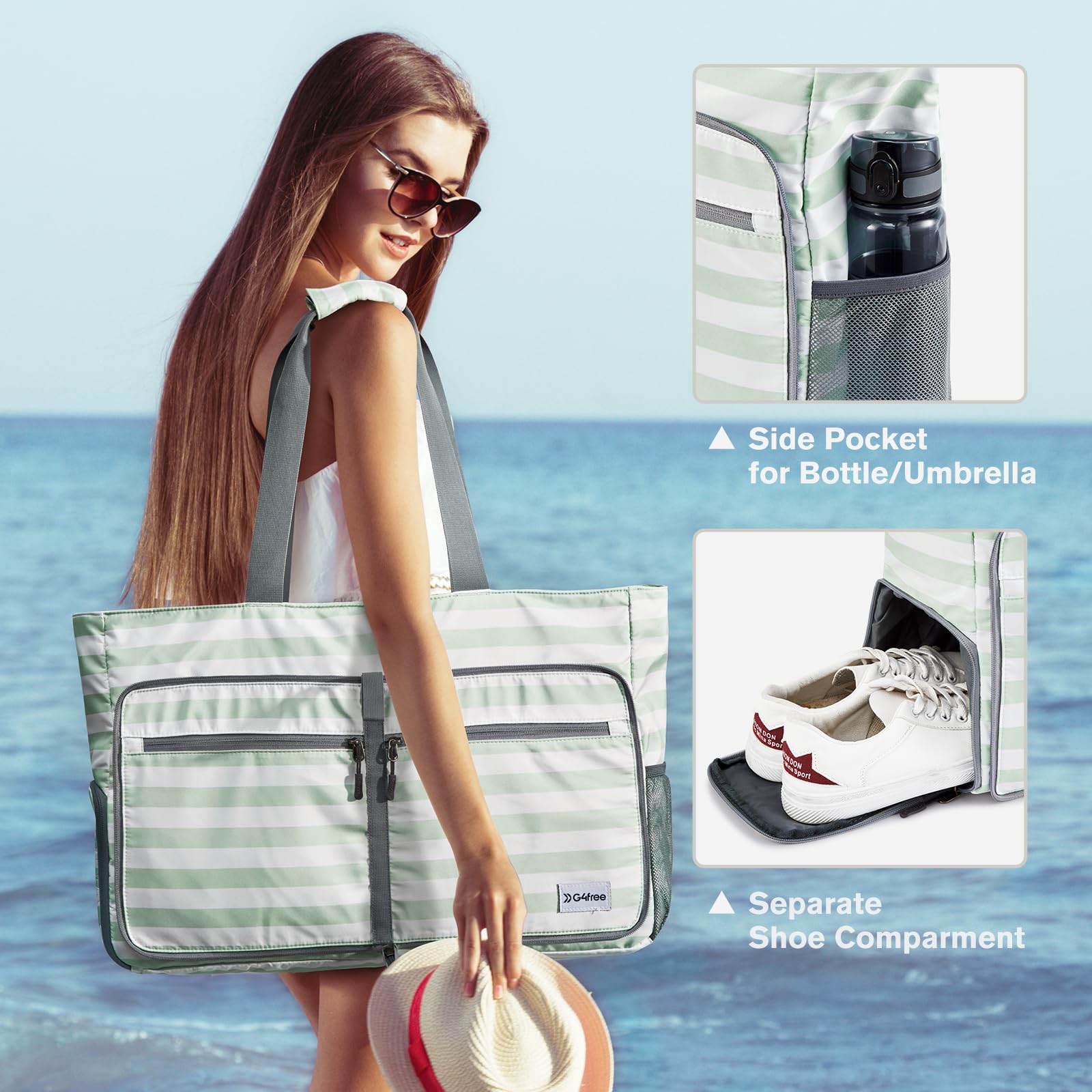 Bolsa de playa, bolsa de playa plegable con cremallera, bolsa de piscina impermeable a prueba de arena, Verde claro, XL 3