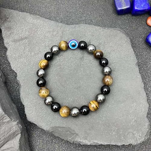 Miniatura 4 de Pulsera de cuentas de obsidiana negra y hematita de triple protección para hombres y mujeres, pulsera de cuentas de cristal de piedra natural