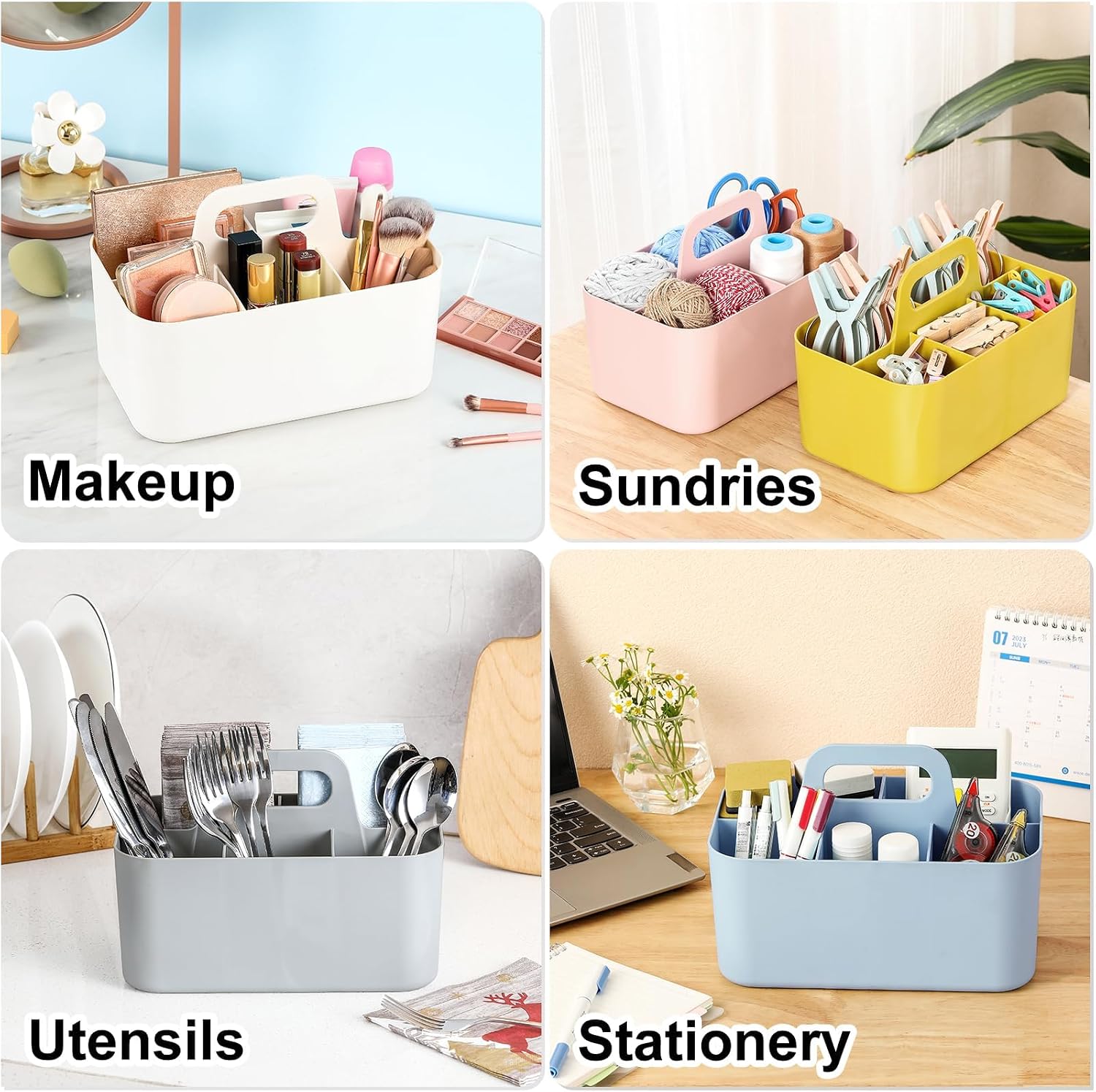 Multiuse Caddy Organizer with Handle, Portable Divided Plastic Tote Bin - Art Craft, Stationary Pen Marker Crayons, Makeup Hair Supplies Storage - Bathroom, Classroom, Dorm, Office, Desk Holder - Blue