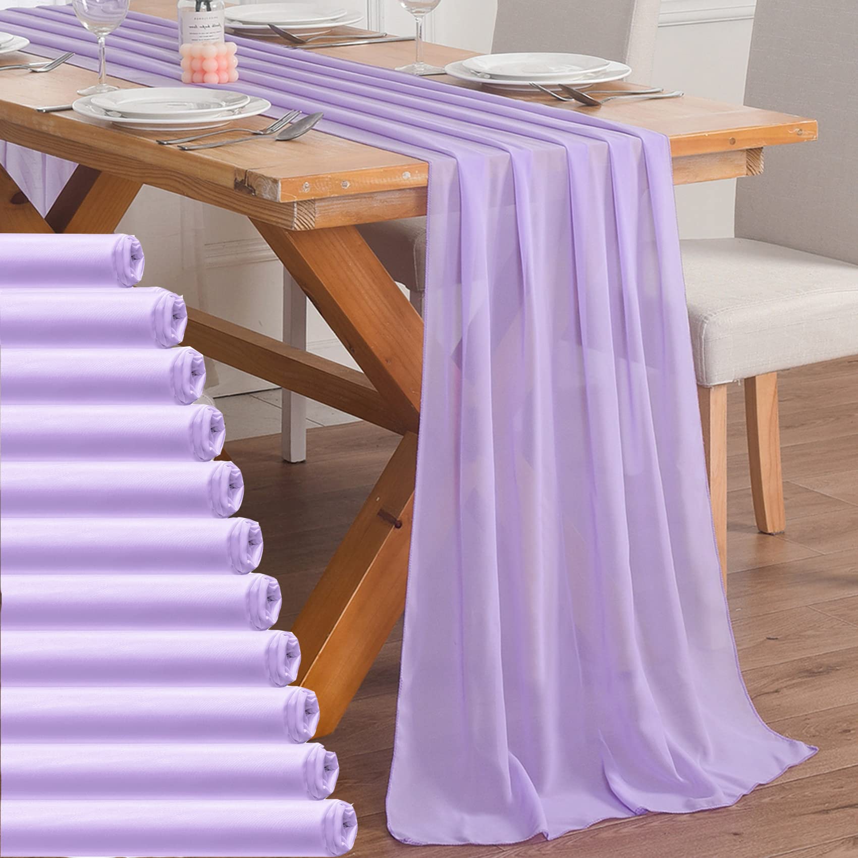 Photo 1 of 12 Pack Lavender Chiffon Table Runner 10ft Sheer Table Runner Tulle Table Runner 29x120 Inches Romantic Table Runner for Wedding Table Decorations Lavender 29*120inch-12 Pack