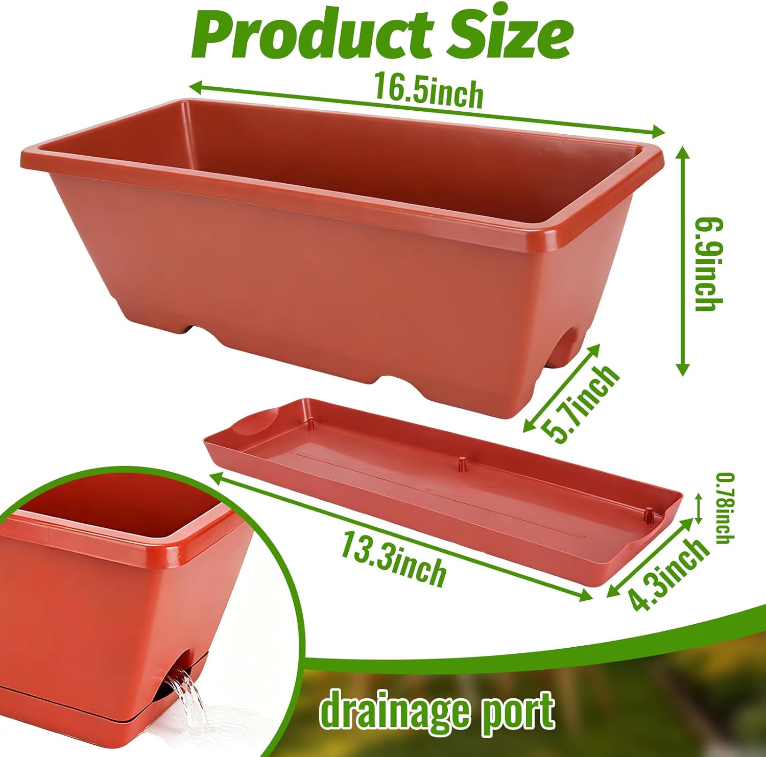 7 Pack Window Box Planters, 17 Inch Plastic Rectangular Flower Pots for Indoor/Outdoor Plants, Herbs, Vegetables, Includes Trowel, Waterproof Mat & Gloves (Brick-red)