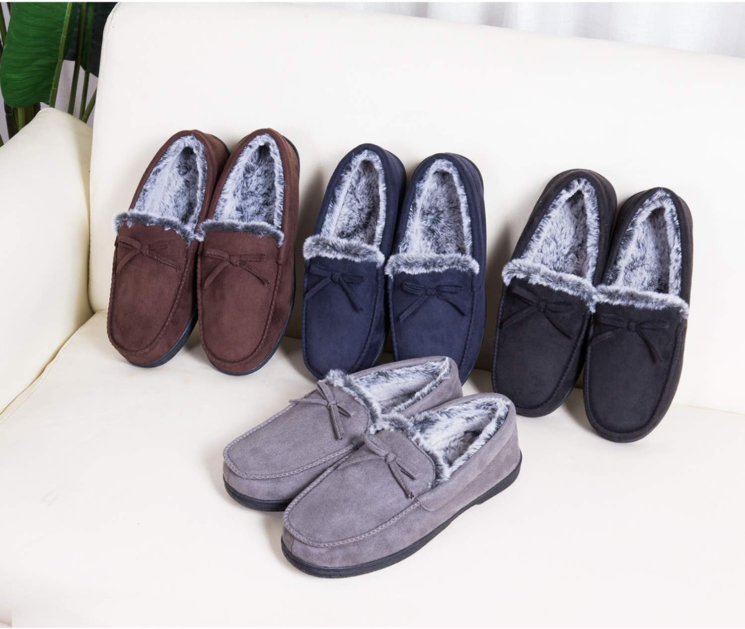 DL Men's Moccasin Slippers - Indoor & Outdoor, Suede Mens House Slippers with Memory Foam, Faux Fur Lining, Non Slip Outsole - Image 7