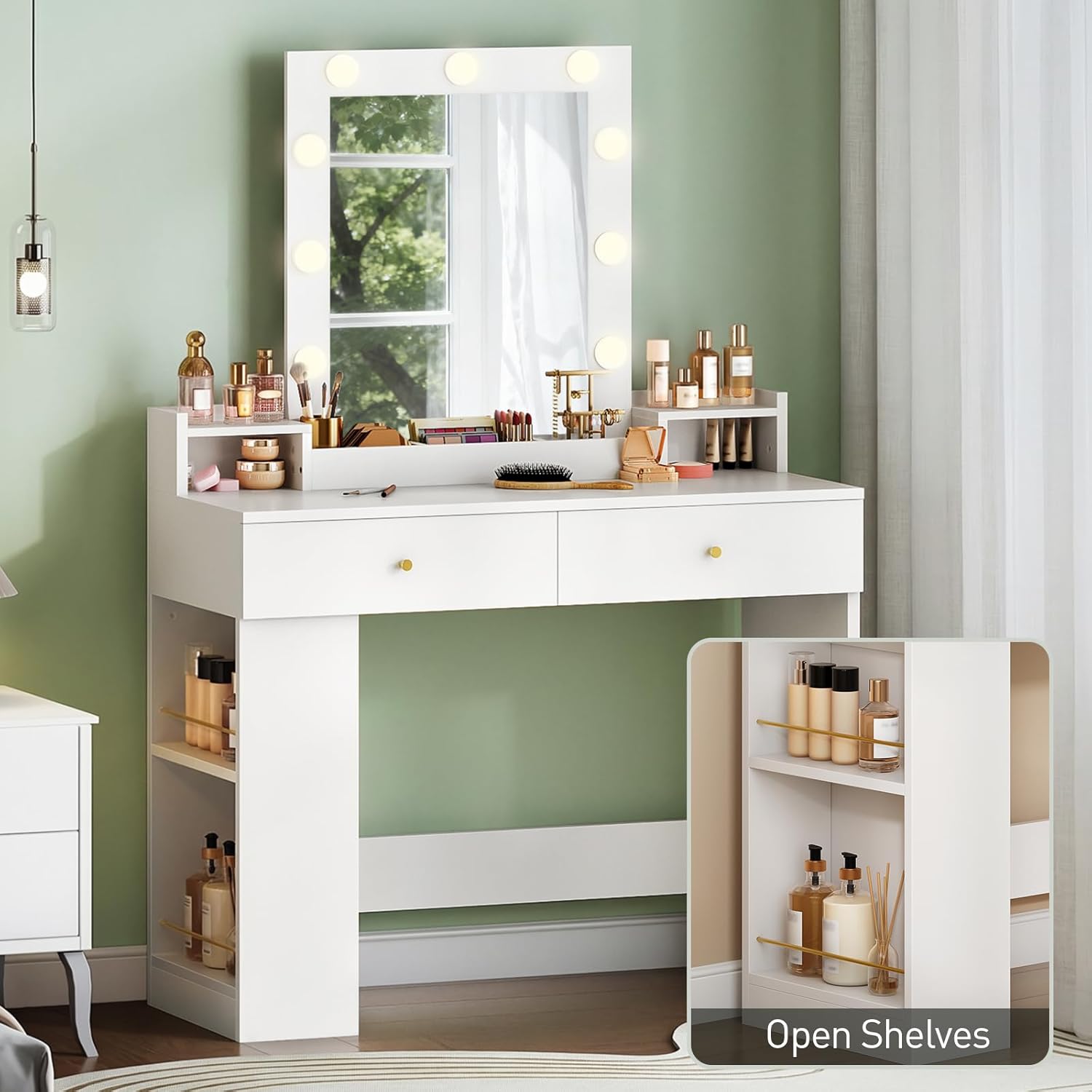 RALGEND Vanity Desk with Mirror and Lights, 31.7" Small Makeup Vanity Desk with 2 Drawers & Open Storage Shelf, 3 Color Lighting Modes, White Vanity Table Dressing Table for Bedroom