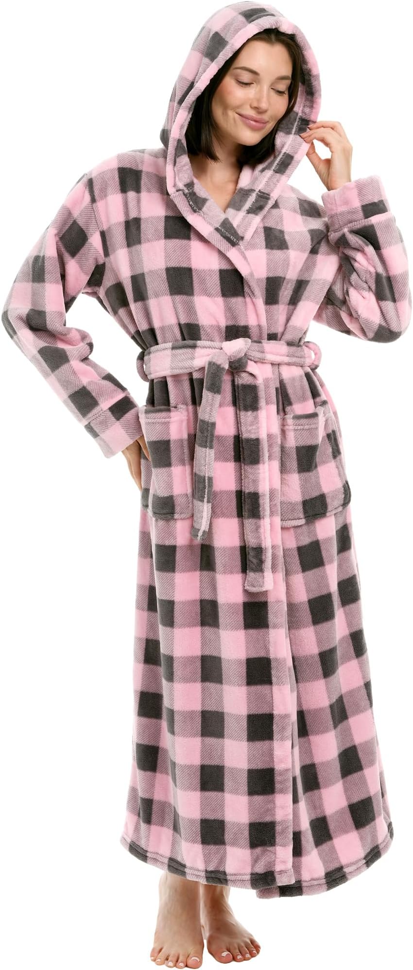 Alexander Del Rossa Plush Fleece Robe for Women, Long Hooded Bathrobe with Hood, Plus Size