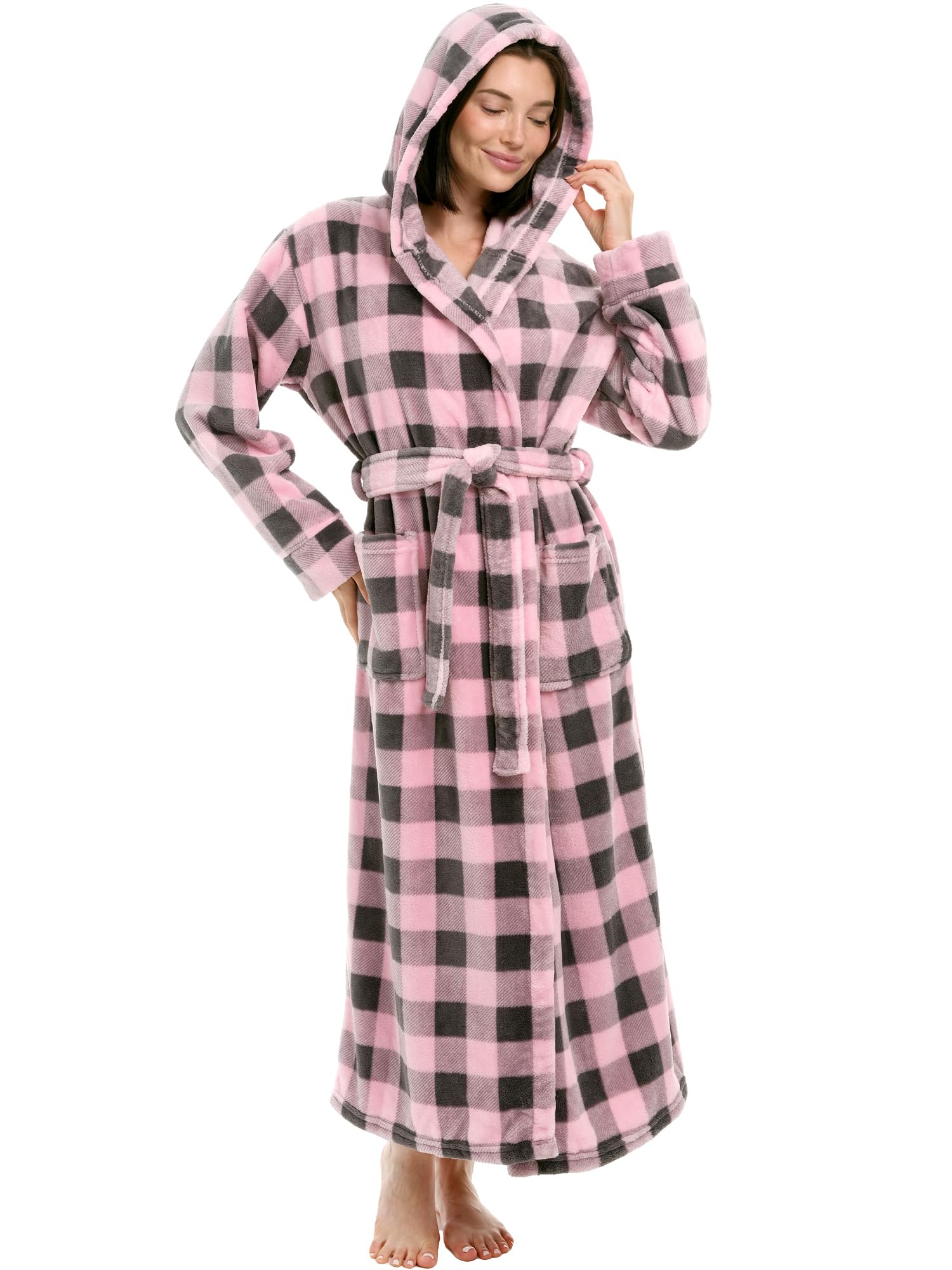 Alexander Del Rossa Plush Fleece Robe for Women, Long Hooded Bathrobe with Hood, Plus Size