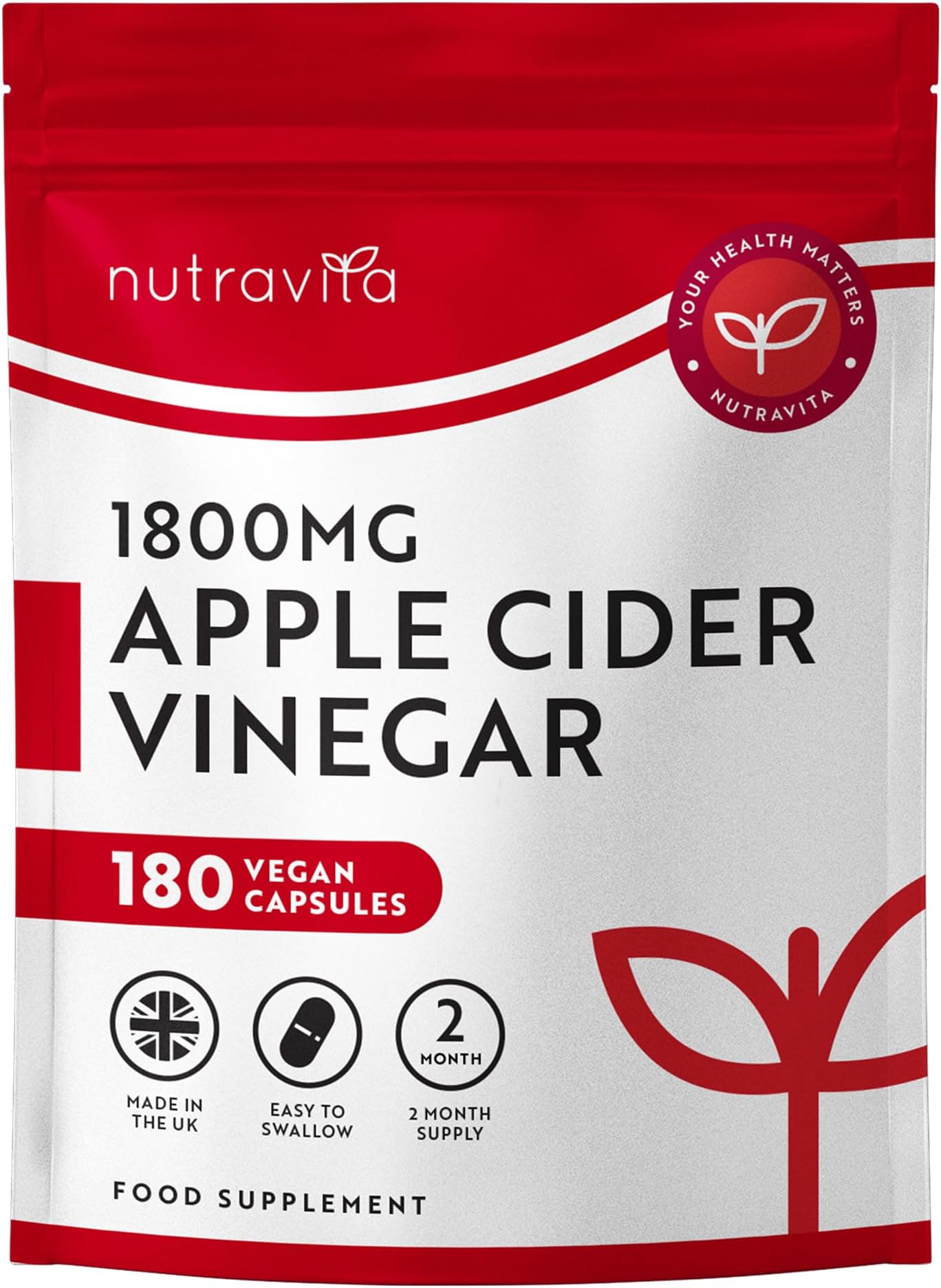 Apple Cider Vinegar Capsules 1800mg - ACV - 180 High Strength Vegan Capsules from UK Grown Apples, 60 Day Supply - Alternative to Apple Cider Vinegar Tablets - Raw & Unfiltered