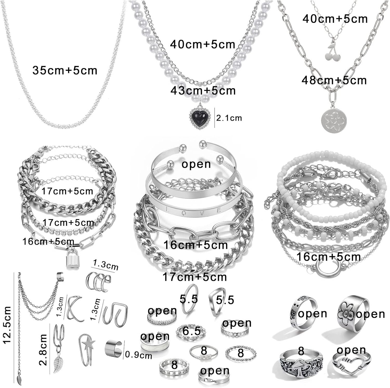 Miniatura 7 de IFKM 36 PCS Silver Plated Jewelry Set with 3 PCS Necklace 12 PCS Bracelet 7 PCS Ear Cuffs Earring 14 Pcs Knuckle Rings for Women Girls Valentine