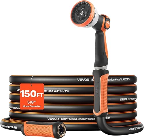 Garden Hose, 150 ft 5/8" Heavy Duty Rubber Water Hose with 10 Mode Nozzle, 150PSI Working & 600PSI Burst, Flexible & Non-kink Outdoor Waterhose with 3/4" Fitting, Lightweight Hoses for Gardening