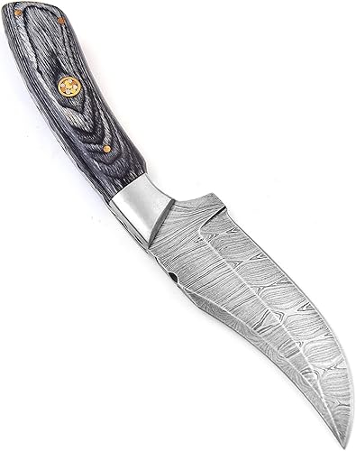 Miniatura 4 de Cuchillo de caza de Damasco hecho a mano para desollar con funda de cuero de 8 pulgadas, hoja fija de acero de Damasco, cuchillos de caza de