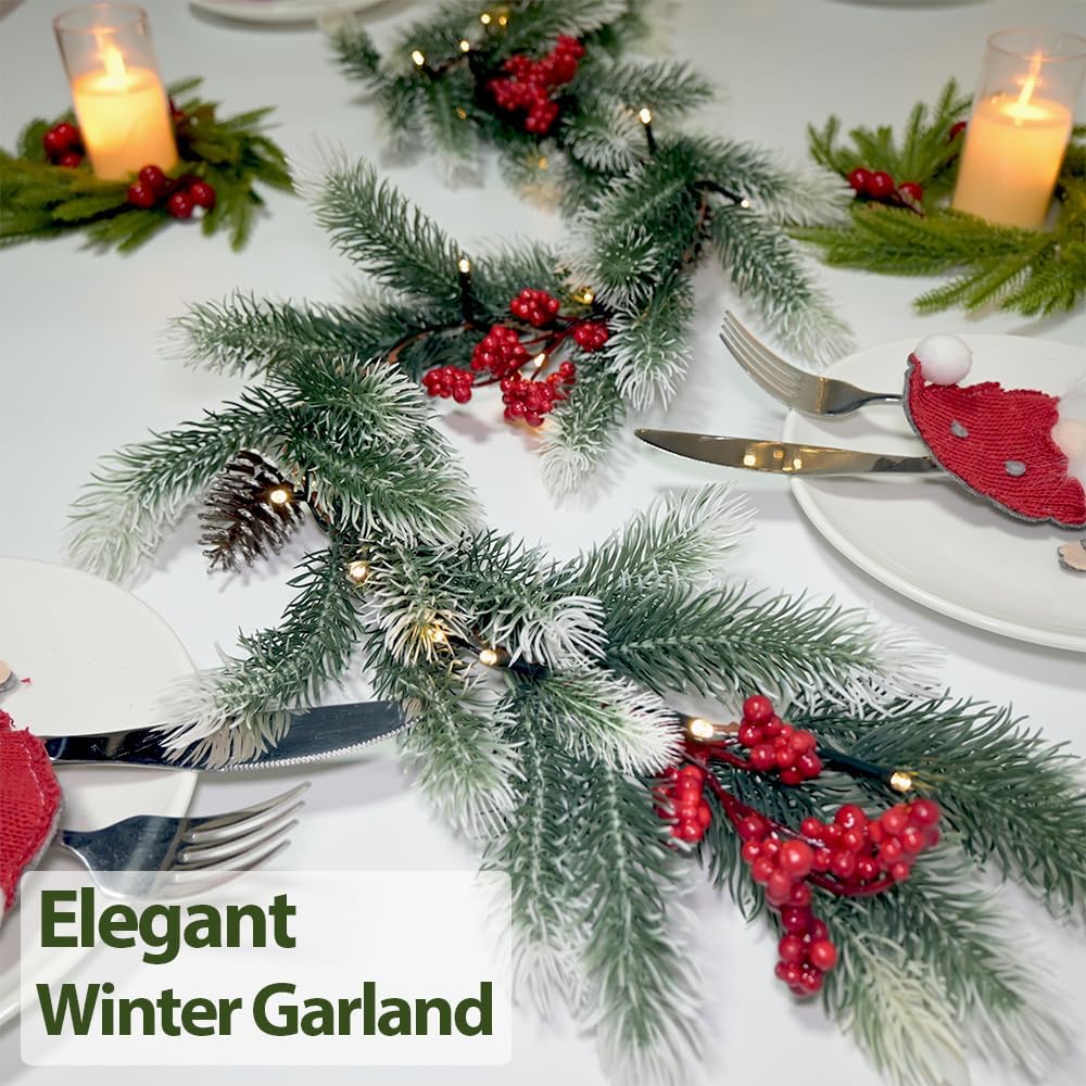 6.56 FT Christmas Garland Lights 40 LED Greenery Cedar Pine Garlands for Xmas Tree Christmas Winter Snowy Pine Garland Wreath Decorations for Mantle Table Centerpiece Wall Indoor Outdoor Home Decor