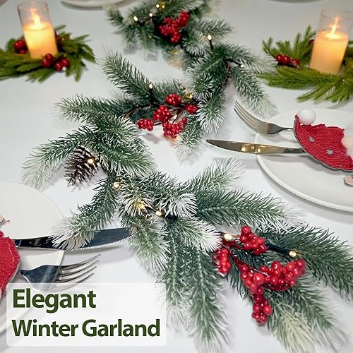 Miniatura 5 de Guirnalda de luces de Navidad de 6.56 pies, 40 luces LED de pino de cedro verde para árbol de Navidad, invierno, guirnalda de pino nevado,