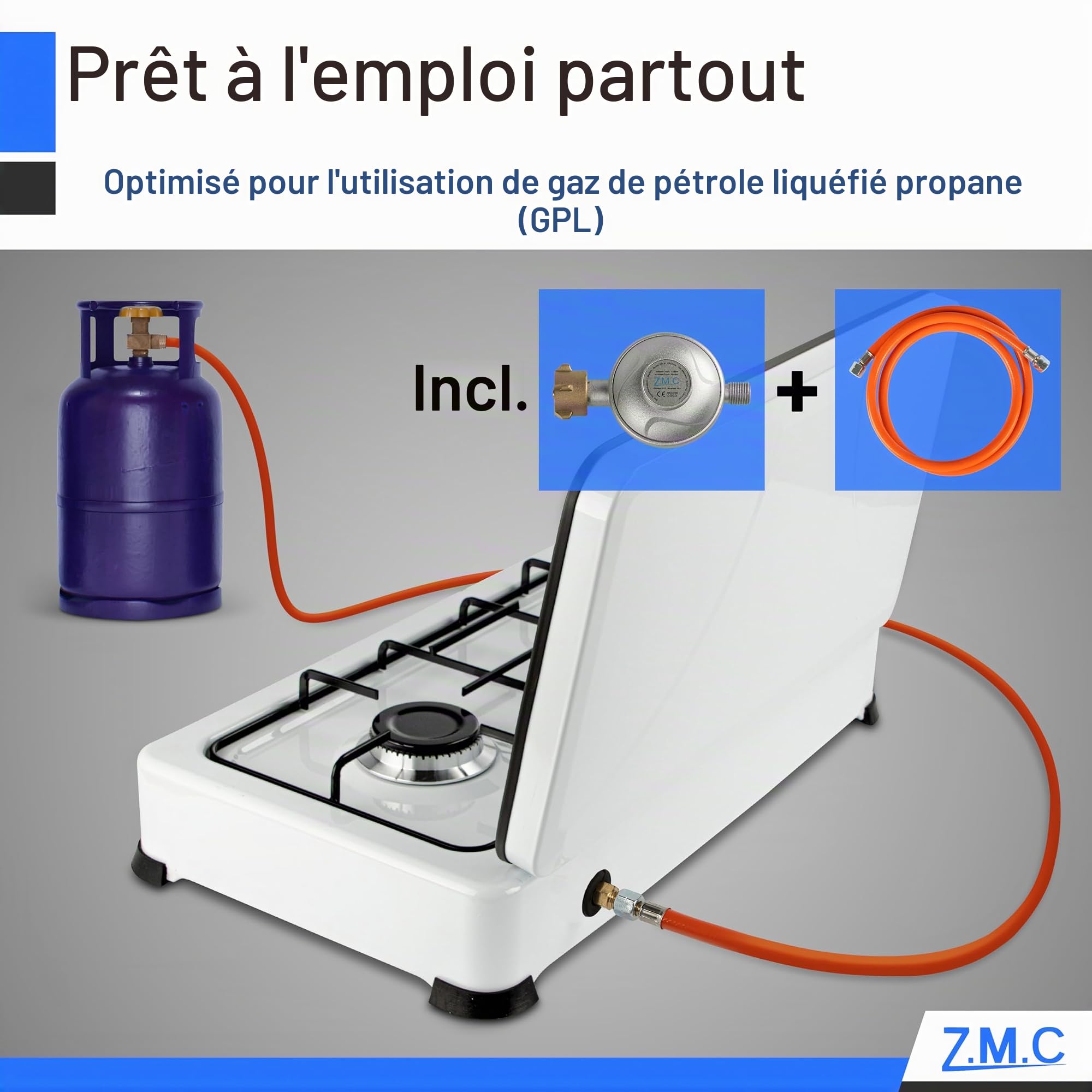 Z.M.C cuisinière à gaz double flamme, cuisine de camping, plaque de cuisson à gaz avec tuyau + régulateur, propane gaz liquéfié (GPL) optimisé, 2,2 kW par brûleur pour cuire deux plats en même temps,