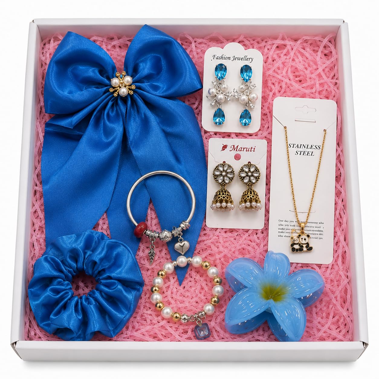 8 Piece Blue Hair Accessories & Jewelry Gift Set for Girls & Women – Satin Hair Bow, Scrunchie, Flower Claw Clip, Pendant Necklace, Charm Bracelet, Blue Crystal Earrings & Jhumka Earrings – Birthday Gift Box-image-41