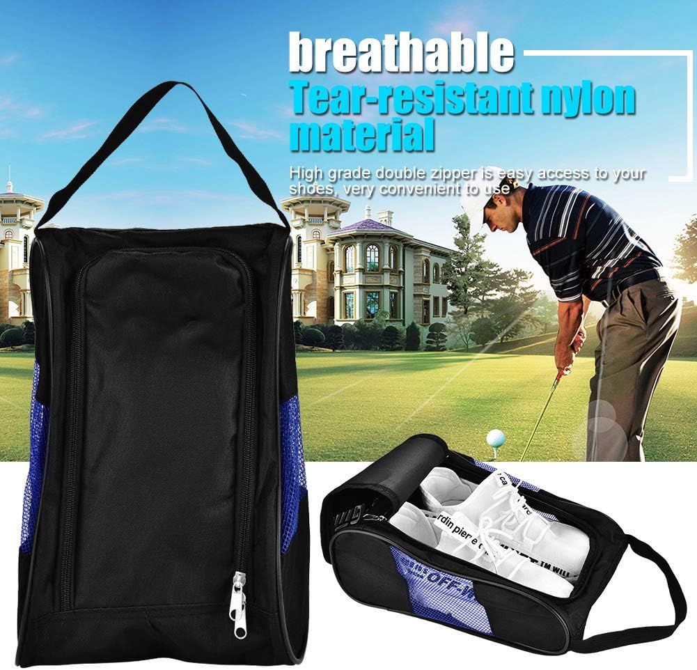 Golf Shoe Bag, Travel Shoe Bags Organizer with Zipper, Portable Breathable Nylon Sports Shoe Bags, for Men and Women (Black and Blue)