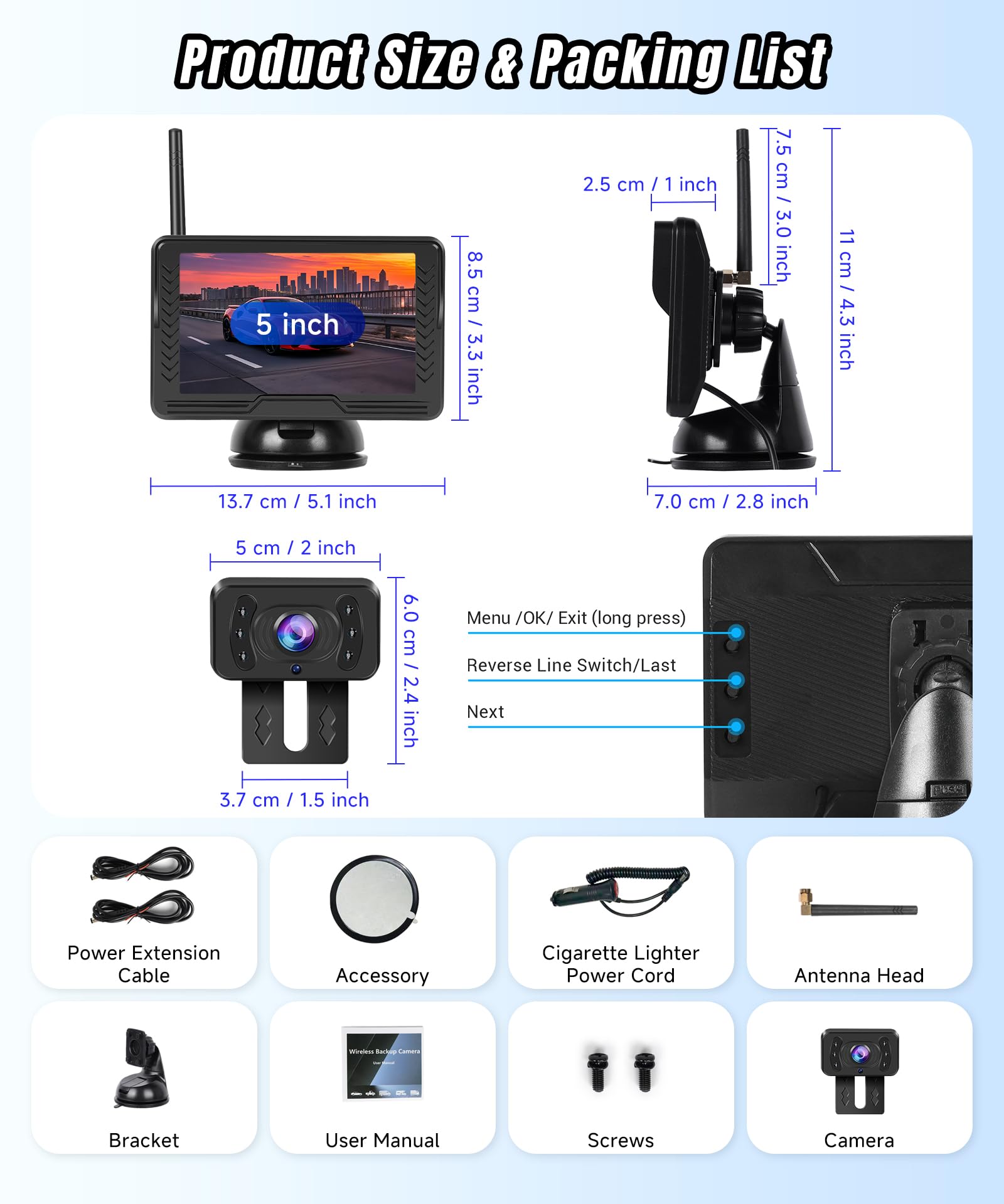 VECHTEL AHD 720P Kabellose Rückfahrkamera,5"-HD-Monitor-Set, IP69 wasserdicht, Weitwinkel, Nachtsicht, Rückfahrkamera für LKW, SUVs und 12-V-Fahrzeuge, einfache Installation