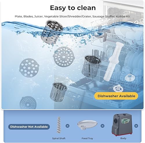 Miniatura 6 de Picadora eléctrica 9 en 1 de 1700 W para carne con accesorios, máquina de salchichas, kit Kubbe de acero inoxidable, 3 placas de molienda para el