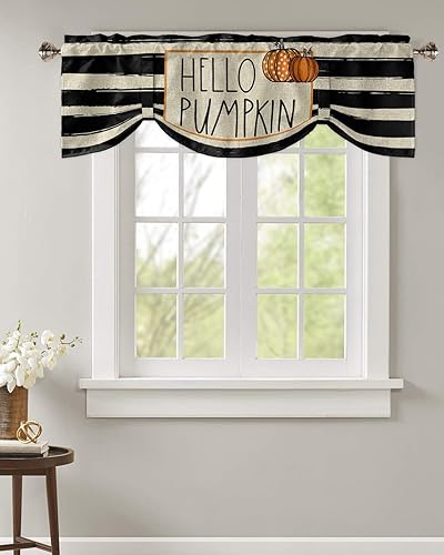 Hello Pumpkin Tie Up Valance for Kitchen Windows, Adjustable Window Valance Kitchen Curtains Window Topper Short Curtain for Living Room, Rustic