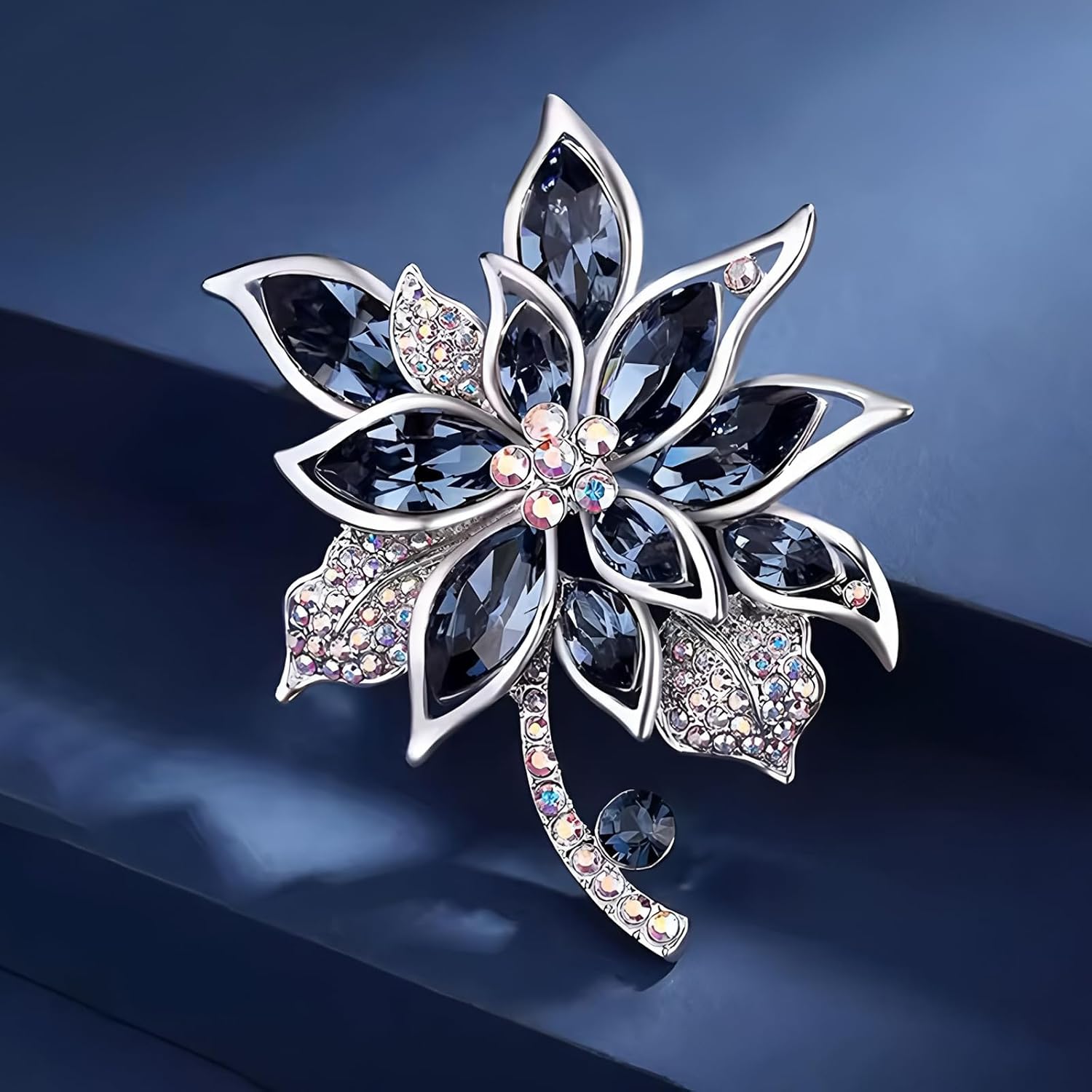 Crystal Flower Brooch Pin for Women Silver Rhinestone Floral Badge