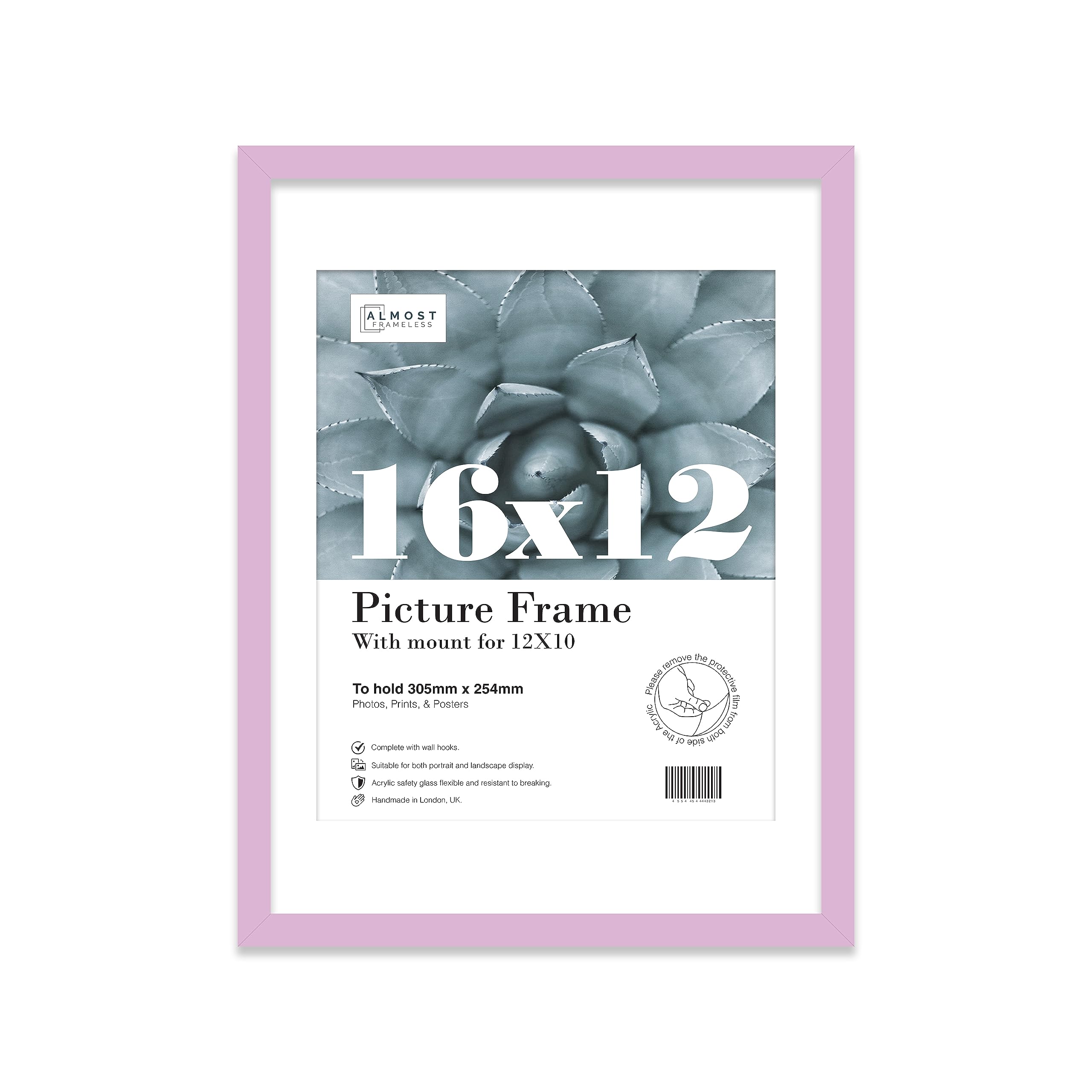 Almost Frameless 16x12 Lilac Picture Frame With Mount for 12x10 Print, Poster or Photo Poster, Photo, Artwork, or Print. Thin Edge Slim Frame Portrait and Landscape Display with Wall Hooks