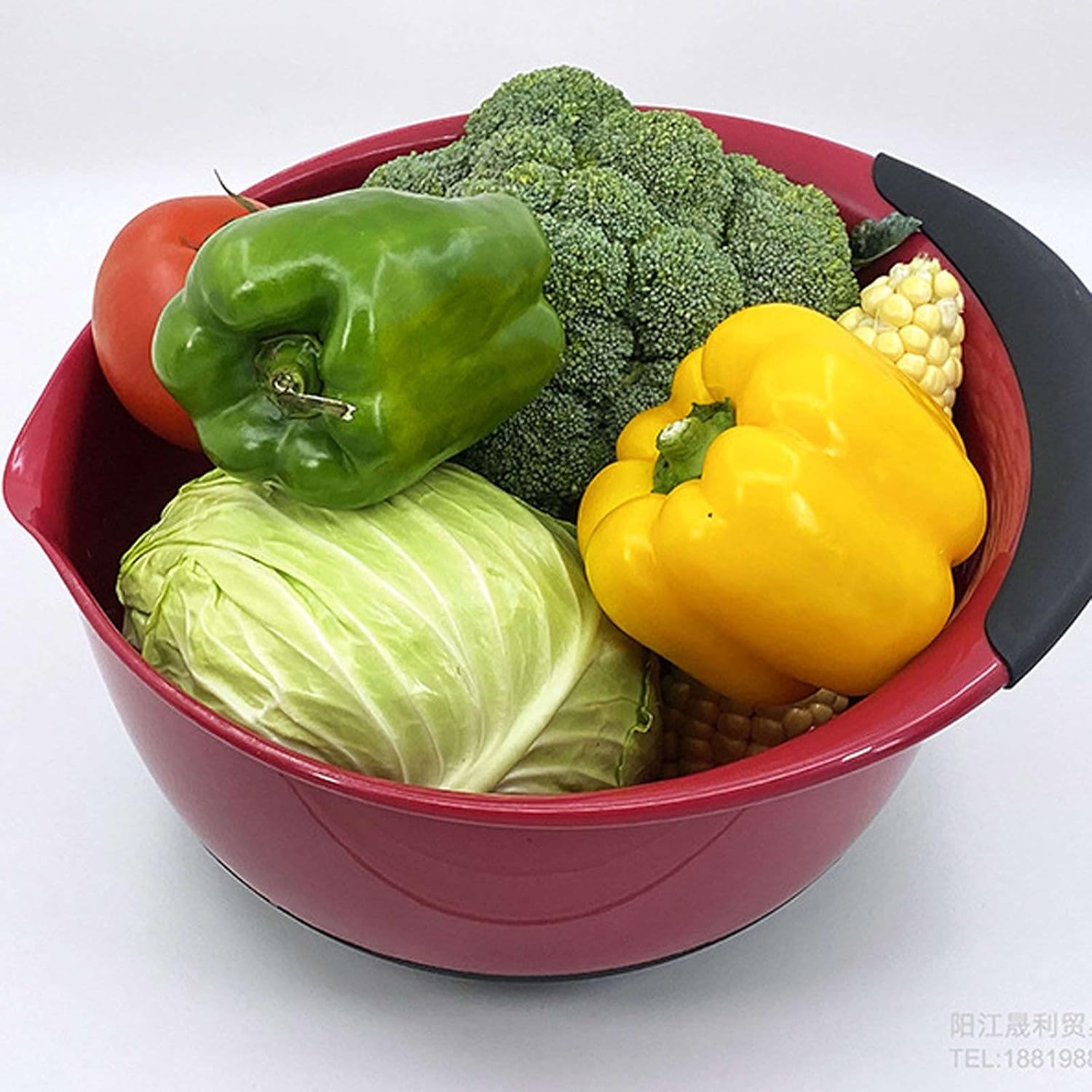 Salad Bowl,Serving Bowls,Soup Bowl,/Non-Slip Large Plastic Bowls with Spout, Mixing Bowl Set, Bowls for Kitchen, Salad, Vegetables-Red-3 Set (Color : Black, Size : 3 Set)