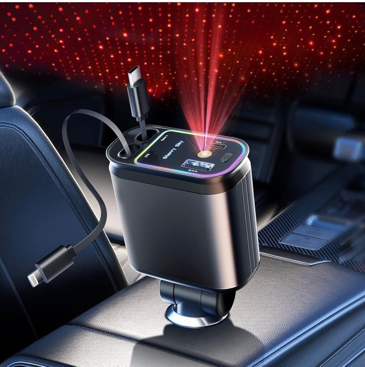 Car Charger with Starry Sky Projector, RGB Ambient Light, USB Type-C Port, Multi-Device Charging-image-8