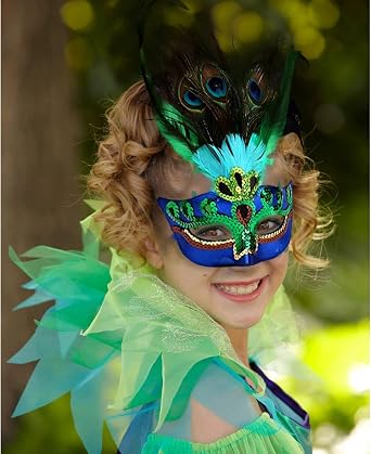 Halloween Womens Peacock Masquerade Mask, Blue Mardi Gras Mask Feather Half Face Costume Masks