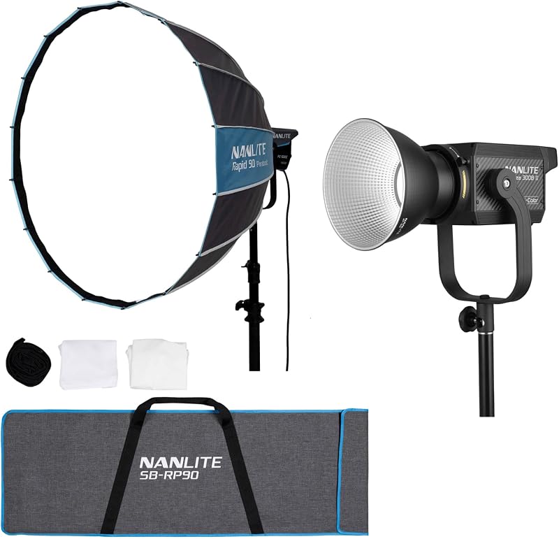 Nanlite Forza 300B II Spotlight Bundle | Rapid 90 Parabolic Softbox with Bowens Mount, Grid Accesories (35in)