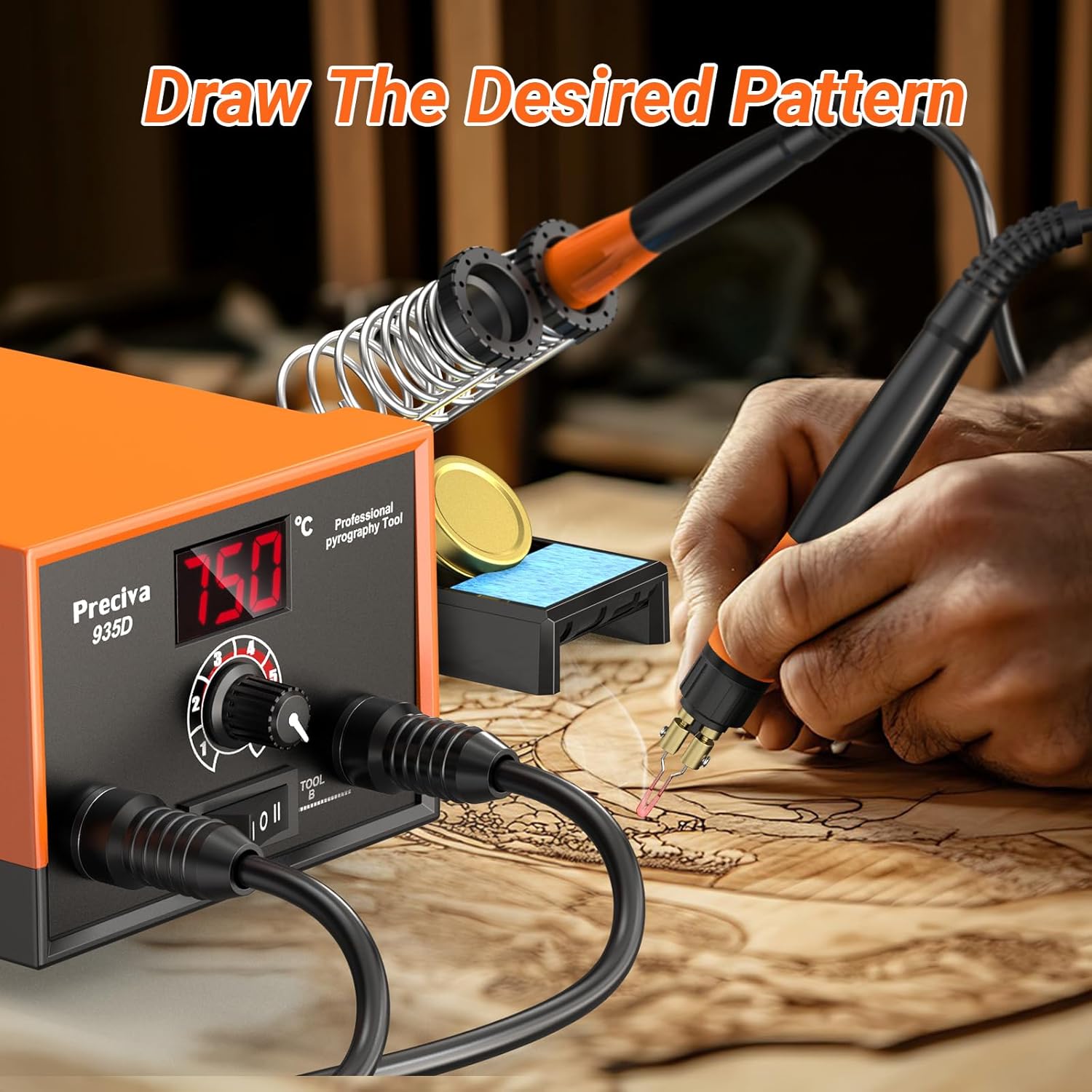 A pyrography pen being used to draw a detailed pattern on a wooden surface, with the Preciva 935D station visible in the background.