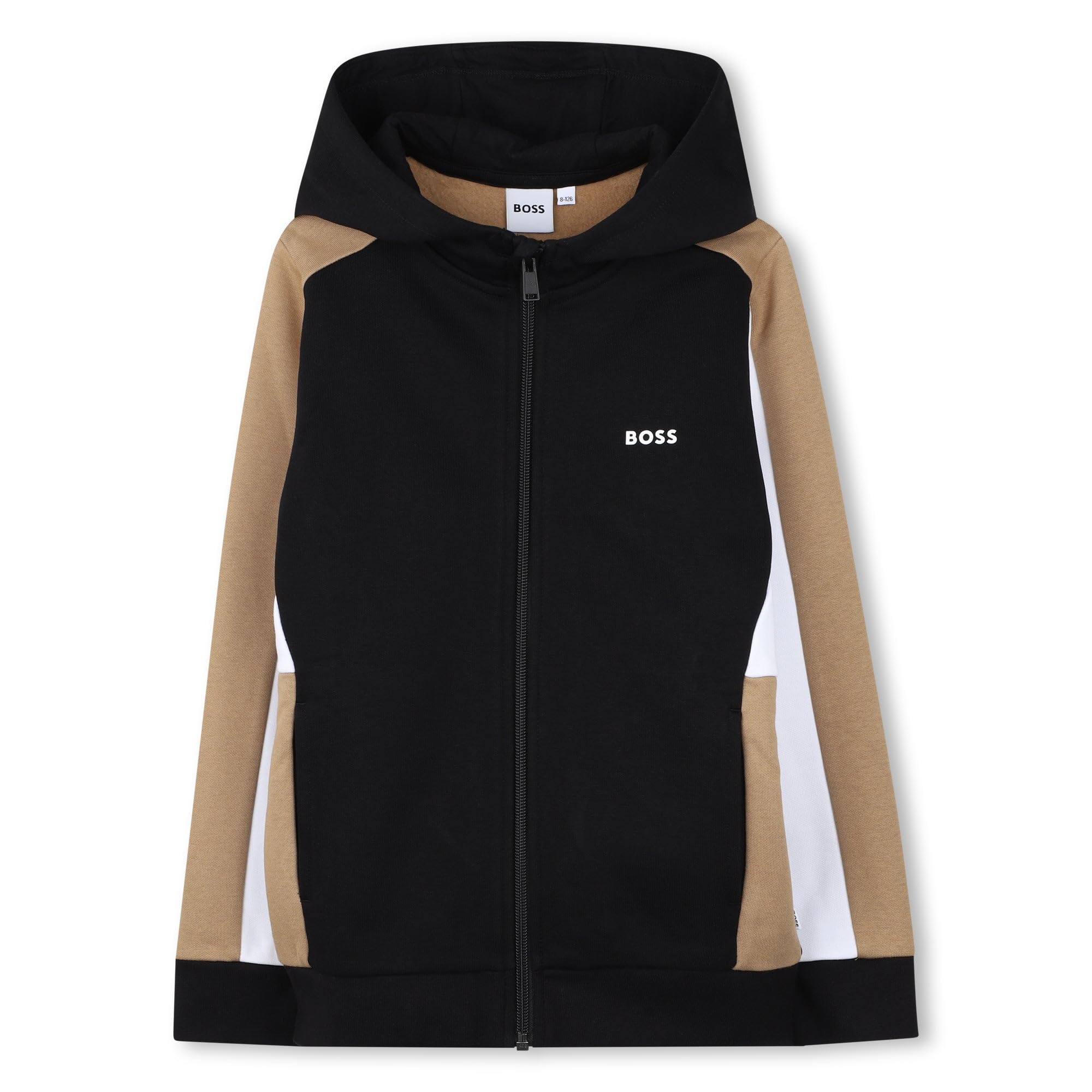 BOSS Boys Colour Block Zip Through Hoodie, Black, Size 12 Years