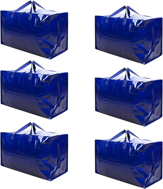VENO 6 Pack Heavy-Duty Oversize Large Storage Bag Organizer with Zips and Tag Pocket for Moving, Clothes Storage, Laundry Bag, Packing, House Essentials, Sustainable, Water-Resistant (Blue - Set of 6)