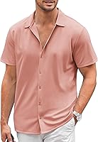 Vista 95 de COOFANDY Camisa casual con botones para hombre, manga corta, sin arrugas, camisa de verano