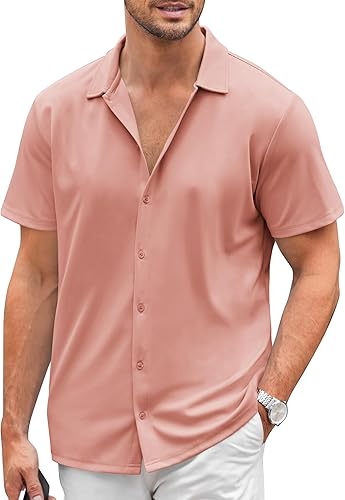 Miniatura 95 de COOFANDY Camisa casual con botones para hombre, manga corta, sin arrugas, camisa de verano