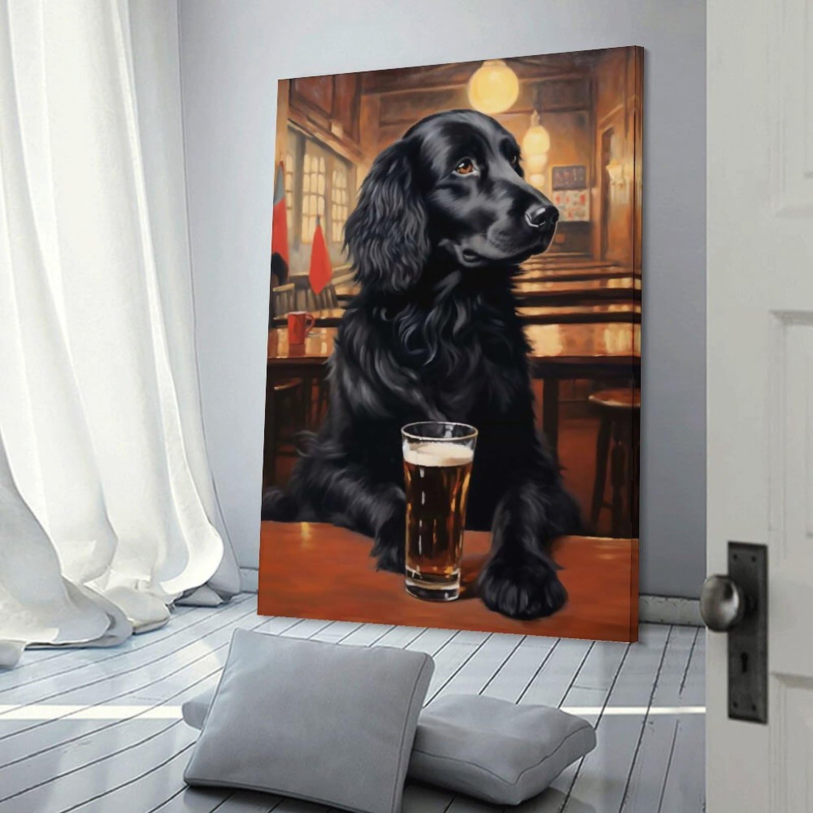 Junmoney Frame-Style-12 Hanging Wall Art Beer Flat Coated Retriever, 20X30inch(50X75cm), For Gallery Wall Layouts In Home Or Office, An Easy Match For Collected Prints