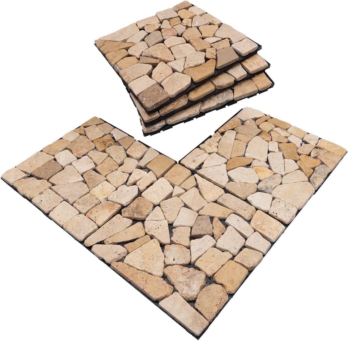 Deck Tile Natural Marble Flooring, Outdoor Garden Patio Balcony Deck Tile, All Weather DIY Interlocking Floor with Drainage Floor (Khaki)