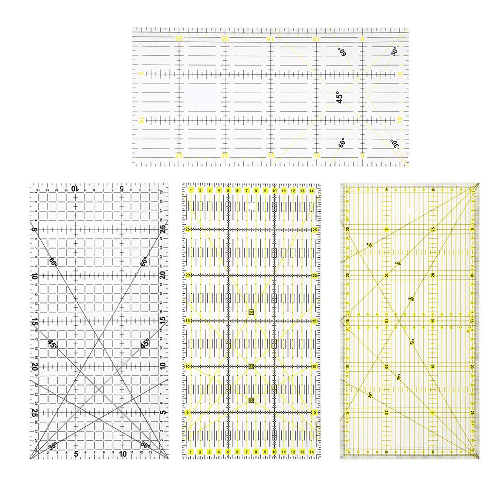 Regla de costura bicolor de 4 piezas, herramienta de medición para costura con líneas de cuadrícula, regla de plástico transparente para manualidades DIY, puntos de dibujo en