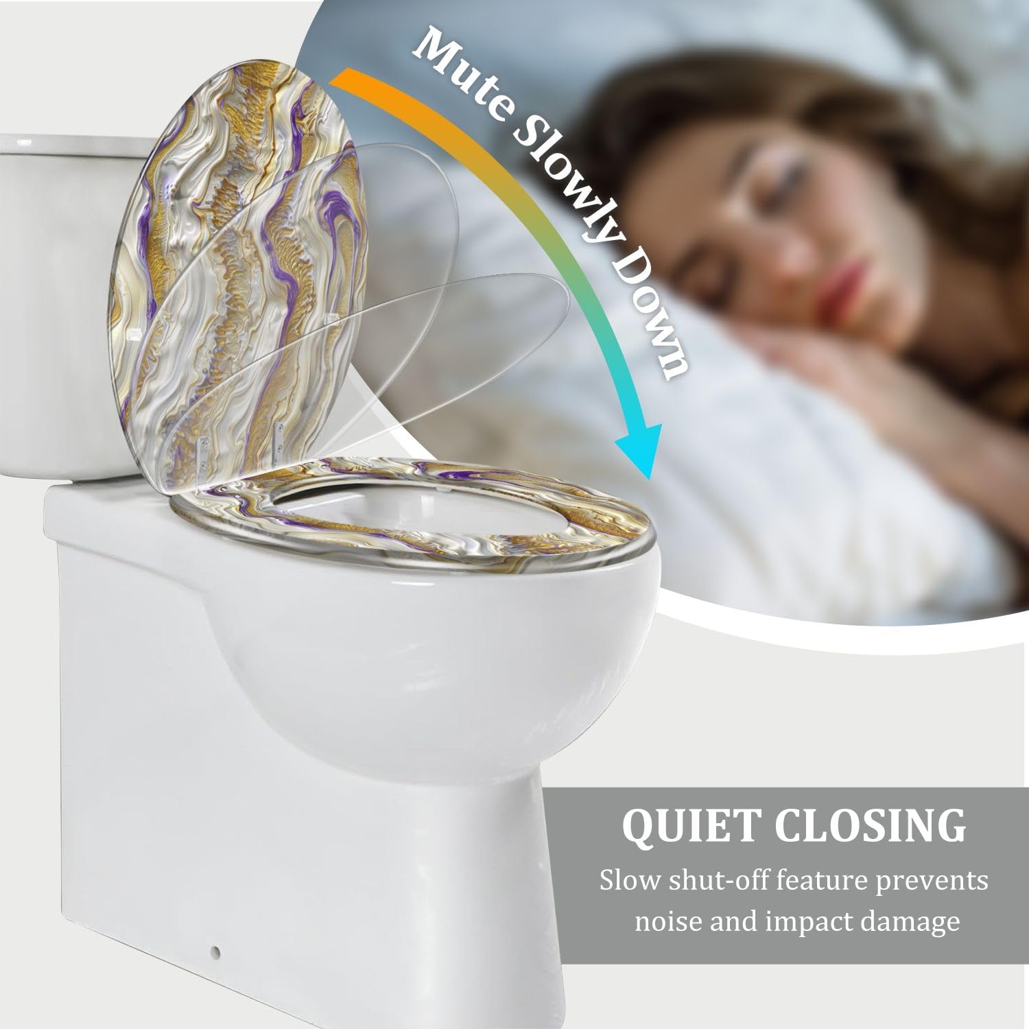 Elongated Toilet Seat White Marble Surface Gold Purple Veins Illustration Resin Toilet Seat Quietly Close Quick Release Hinges Decorative Toilet Seat with Cover Easy to Install