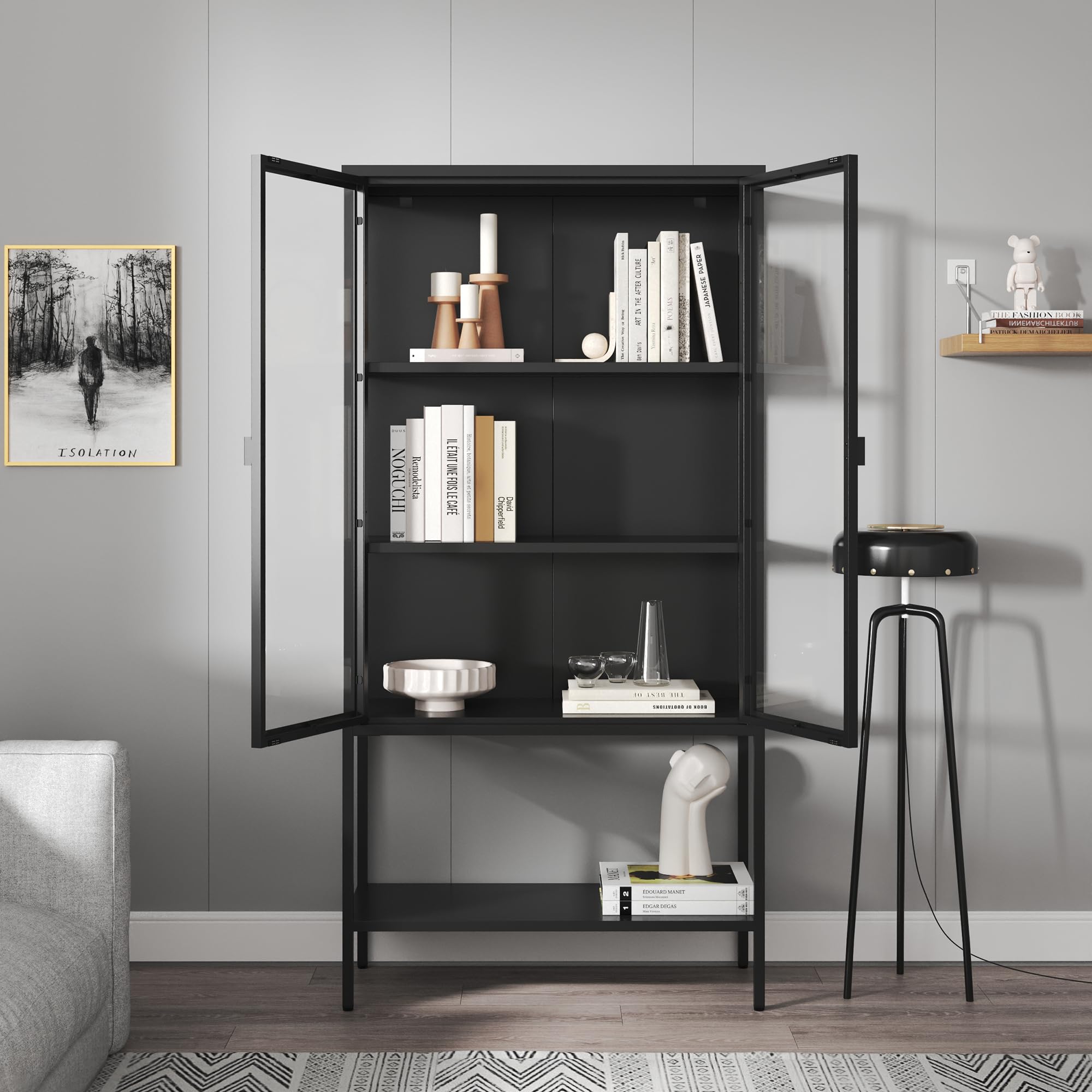 [en.casa] Vitrinenschrank Borshavisa Bücherschrank mit 3 Fächern untere Ablage 160 x 80 x 35 cm Küchenschrank mit 2 Glastüren Mehrzweckschrank Vitrine Metallschrank Schwarz