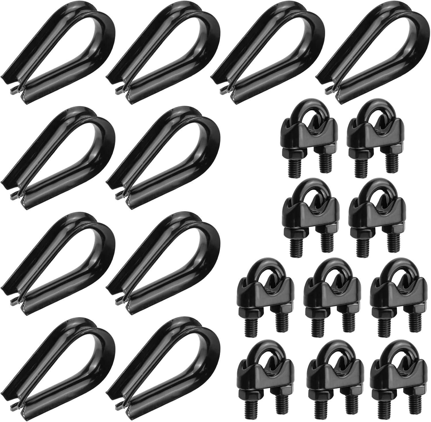 Antrader Wire Rope Clamps Clip and Stainless Steel Thimble for 1/4 Inch Wire Rope Cable Thimbles Rigging,Black(10Pcs+10Pcs)