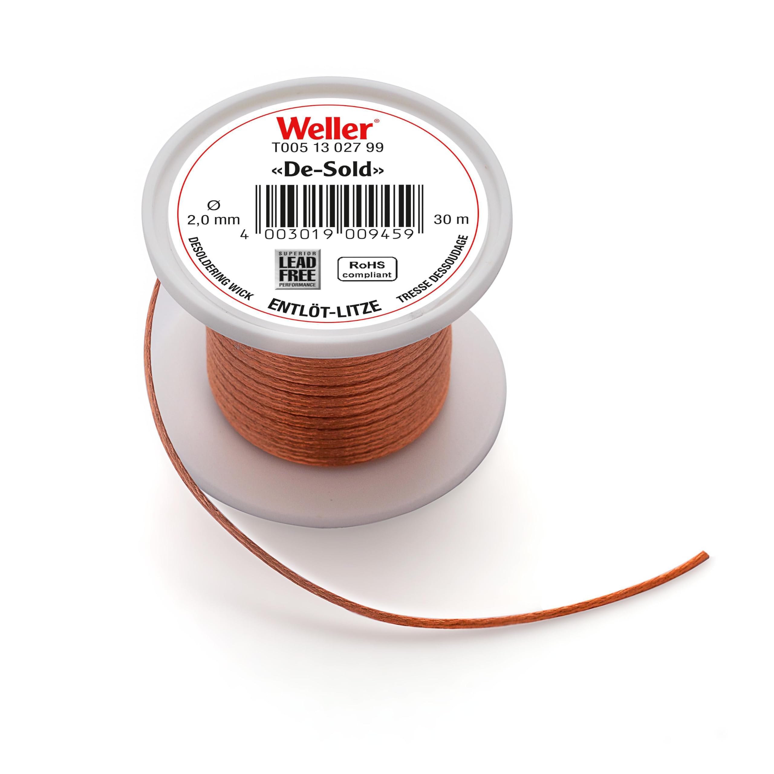 Weller T0051302799 przewód do rozlutowywania | szpula 30 m | szerokość 2 mm | oplot miedziany nasączony topnikiem | szybkie i czyste usuwanie cyny lutowniczej | do elektroniki i naprawy płytek