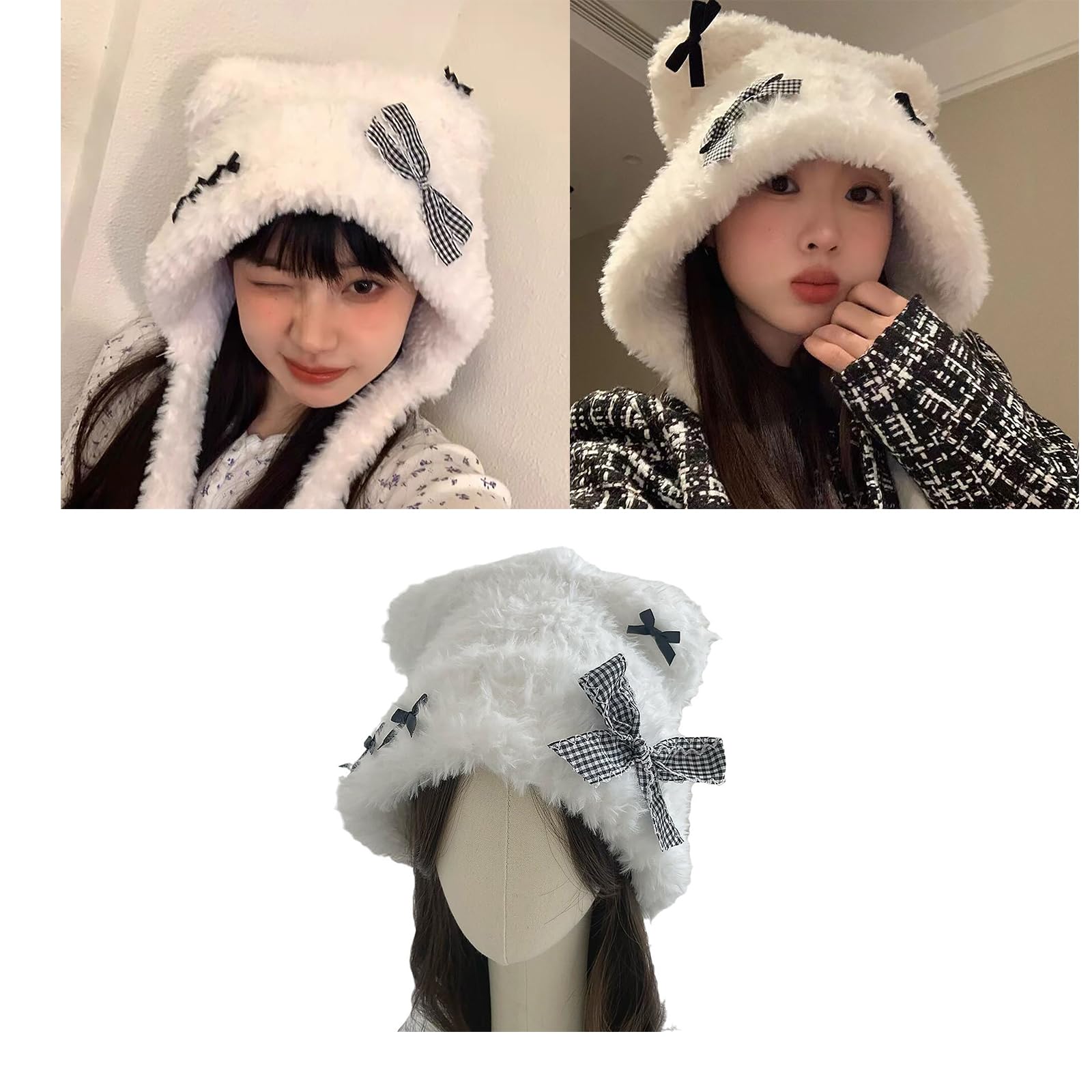Nawwgy Girls Bowknot Bear Ear Earflap Windproof Trapper Hat Ear Protector Hat Adult Winter Cycling Skiing Supplies