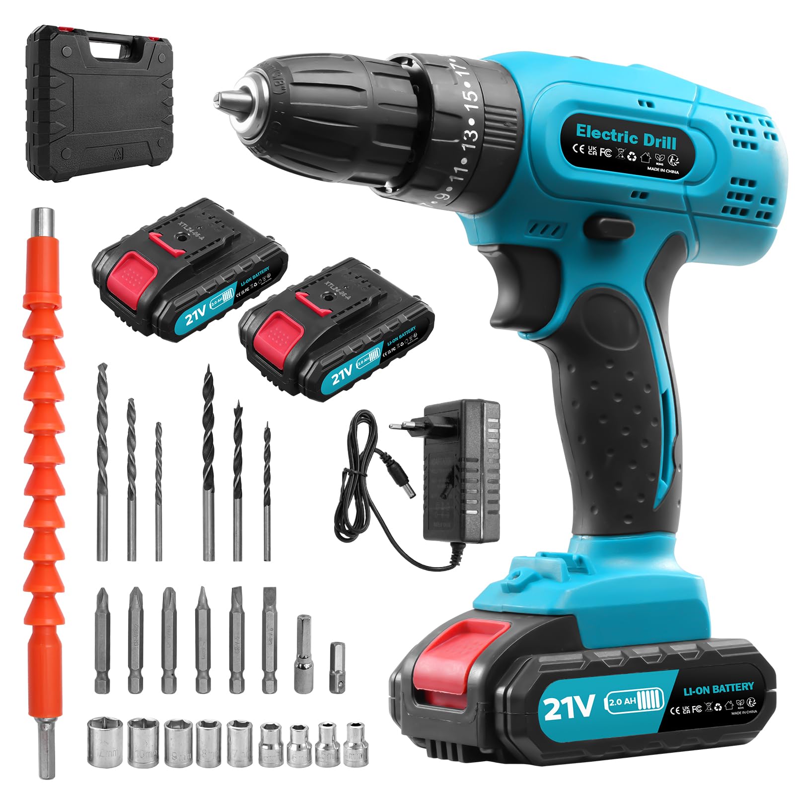 Bellanny Cordless Drill Driver 21V, 50N.m Electric Drill Set, 25+3 Torque Cordless Hammer Drill, 2 Speed, 2.0AH Battery, 25+3 Torque, 3/8'' Keyless Chuck, LED Light for Home and Garden DIY Project